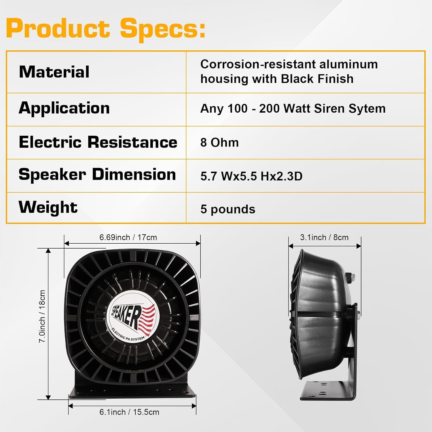 100W Compact Siren Speaker, 8 Ohm 114-134dB PA Horn for Emergency Vehicles, IP66 Waterproof Aluminum Loudspeaker Compatible with 100-200W Siren Systems for Police Fire Ambulance Trucks