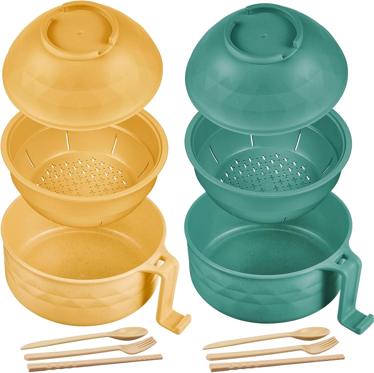 2 Sets Microwave Ramen Bowl 40 oz Wheat Fiber Portable Instant Noodle Cooker Bowl with Handles Strainer Spoon Chopstick Fork College Dorm Room Apartment Essentials(Blue Sky,Mint Green)