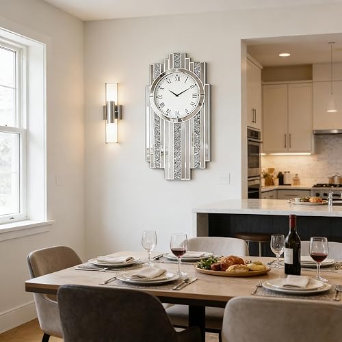 Miniatura 5 de SHYFOY Reloj de espejo plateado, 25.6 x 13.8 pulgadas, reloj de pared brillante de cristal con diamante triturado, moderno y silencioso, reloj de