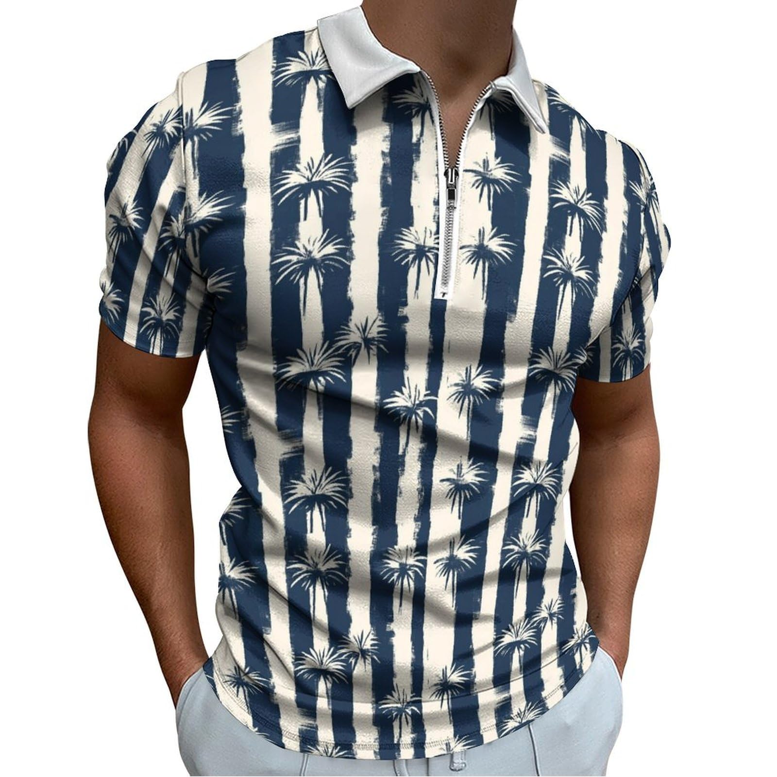 Mens Floral Printed Hawaiian Polo Shirts Zipper Short Sleeve Golf Shirt Moisture Wicking V Neck Casual Slim T