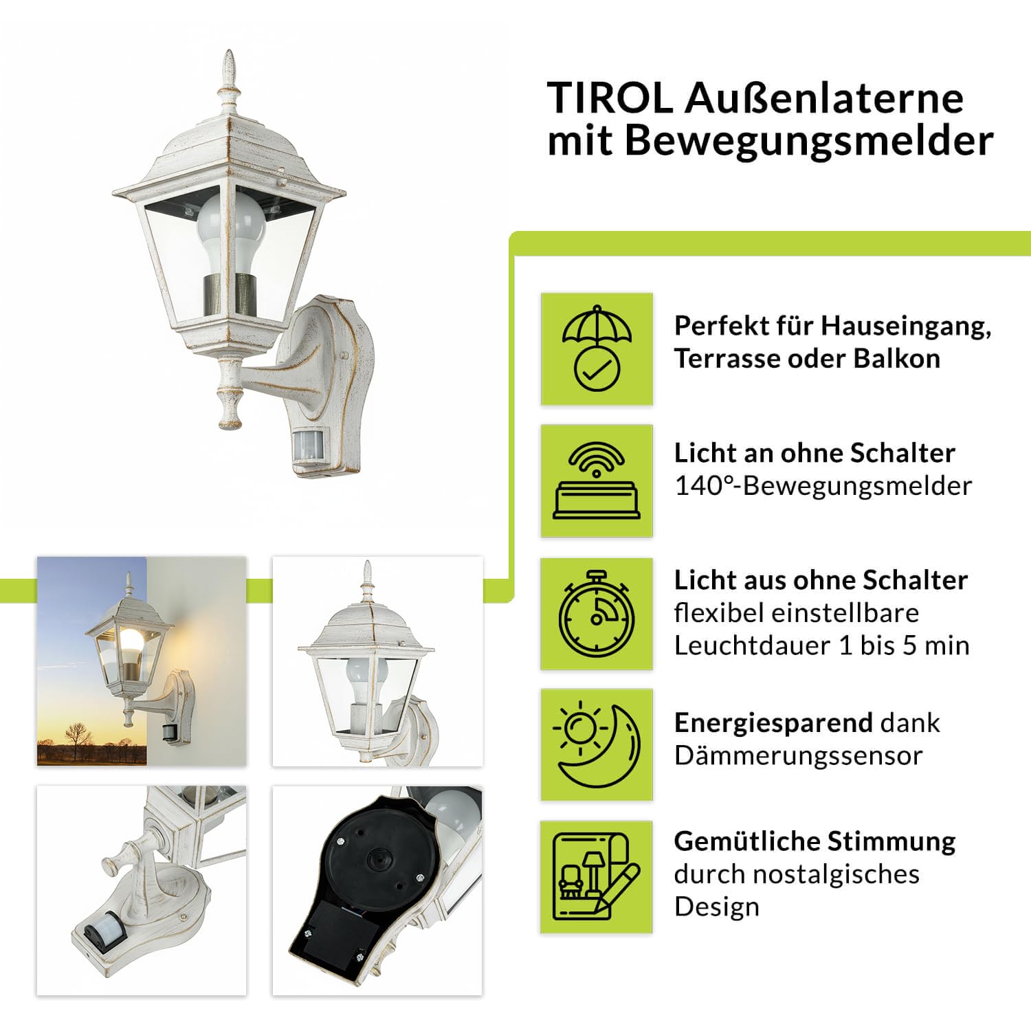 Licht-Erlebnisse Tirol Rustykalna lampa zewnętrzna z czujnikiem ruchu, styl dworkowy, E27, lampa ścienna na balkon