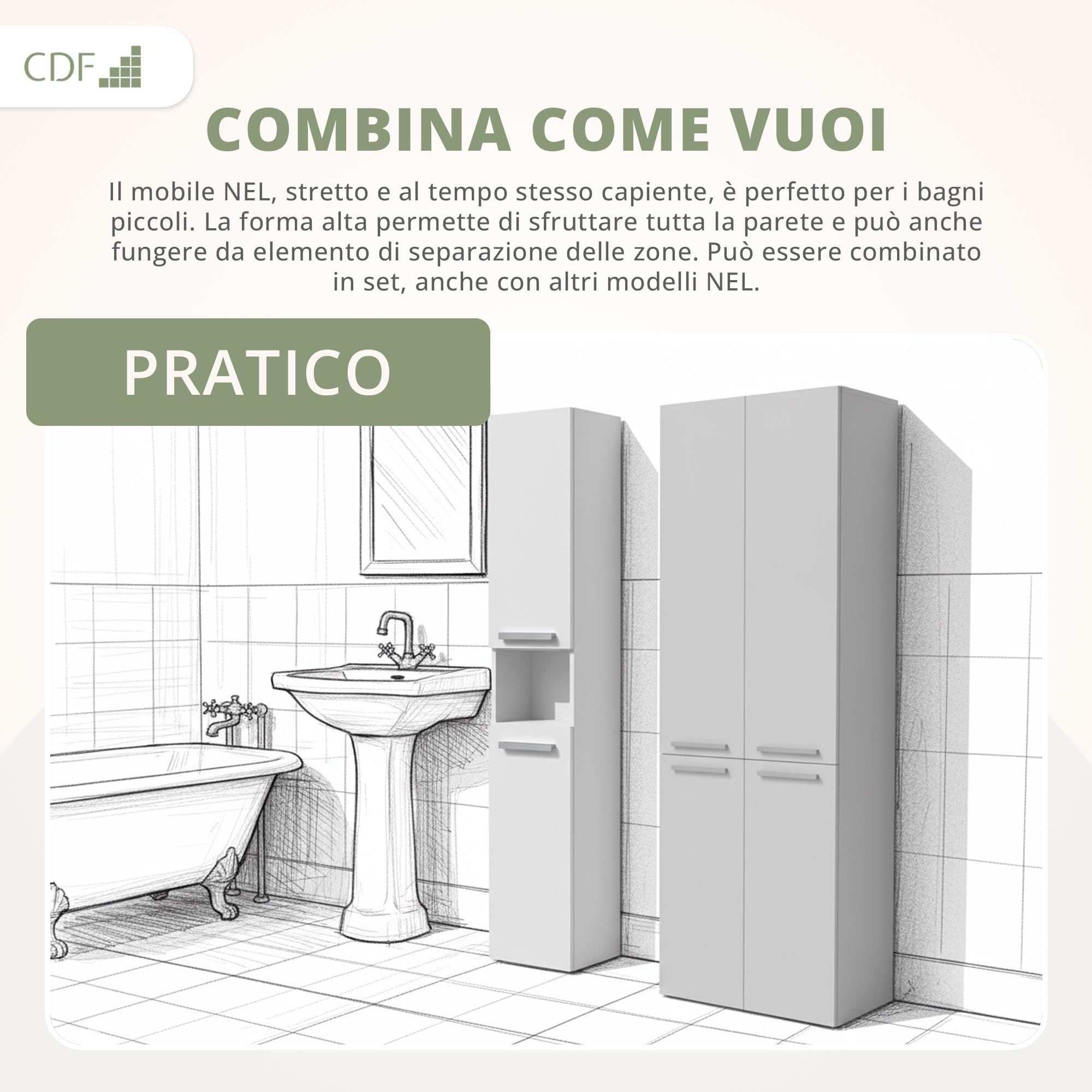 CDF Mobile da Bagno con Armadietti e Ante Bianco Colonna Bagno Salvaspazio 1 Cesto per la Biancheria Mobile Alto a Colonna Cesto Portabiancheria Armadio Bagno 174 x 60 x 30