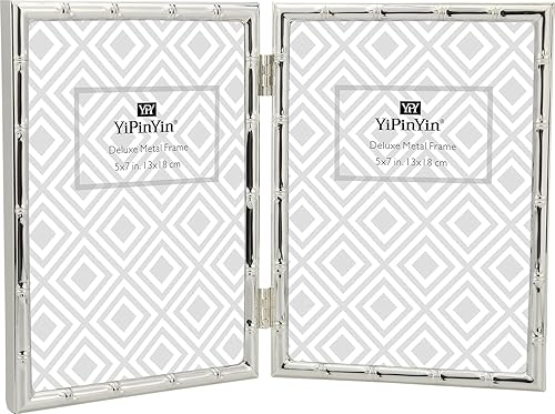 Marcos de fotos dobles con detalles de bambú de 5 x 7 pulgadas, marco de fotos de metal doble plateado de 7 x 5 pulgadas, elegantes marcos de fotos