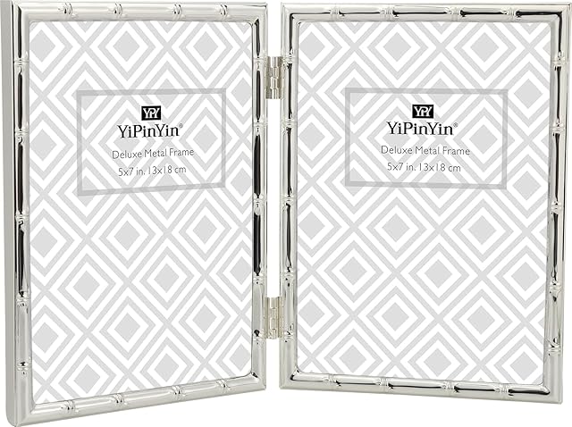 YiPinYin 5x7'' Bamboo Detail Double Photo Frames, Silver double Metal Picture Frame 7x5'', Elegant Silver Thin Edge Photo Frames 5x7'' With Soft Touch Velvet Backing and Real Glass Front for Desktop