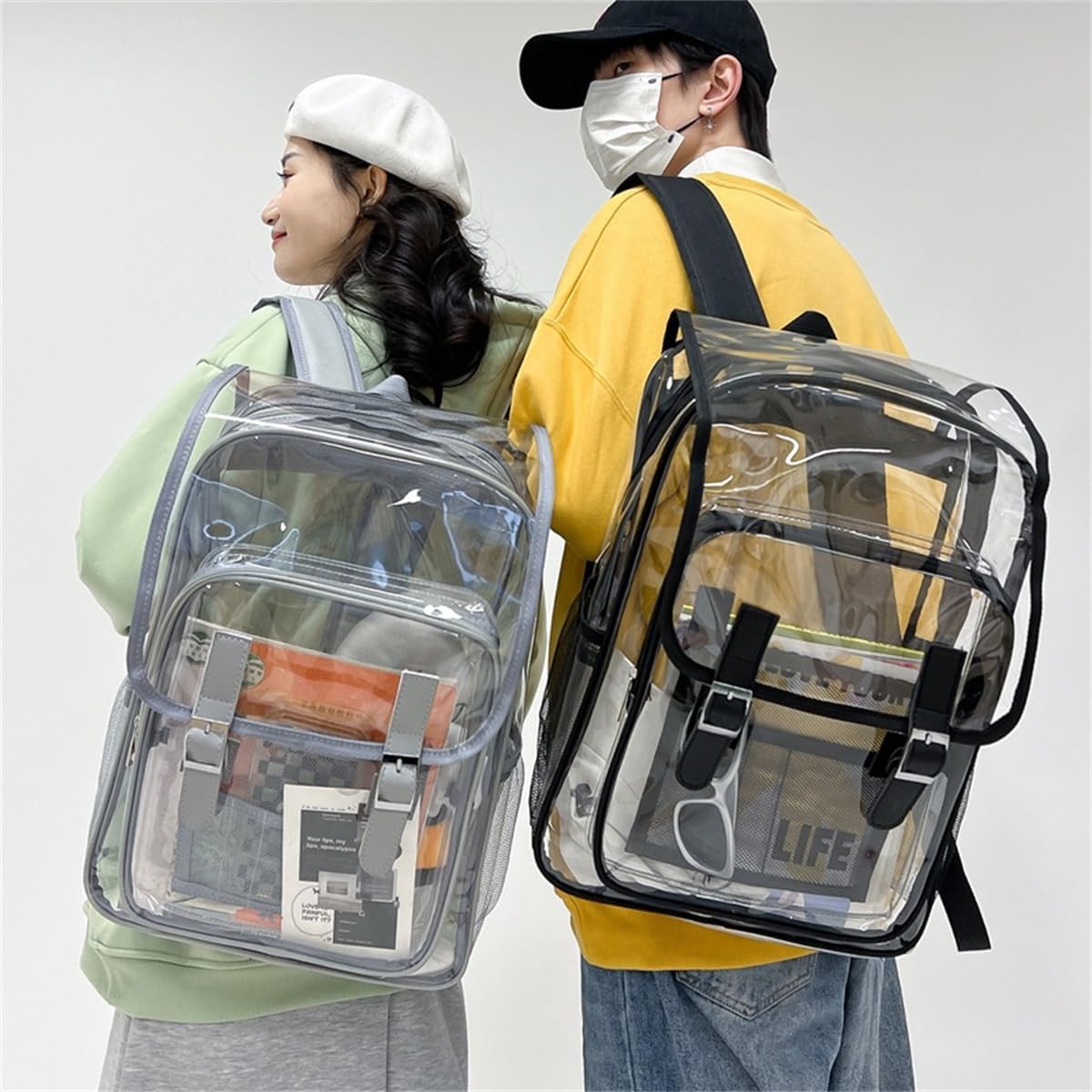 Plastic See Through Purses/Backpacks, Light Flight Clear Backpack Heavy Duty Transparent Backpack for Work Sports (Grey)