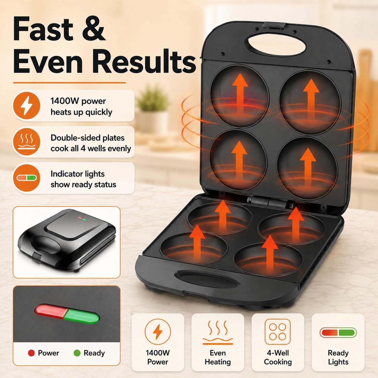 Mini padella per pancake, 1400 W Electric Arepa Maker con superficie antiaderente, teglia antiaderente per preparare 4 Flapjack unico, per cucinare uova fritte sane Frittata di burger