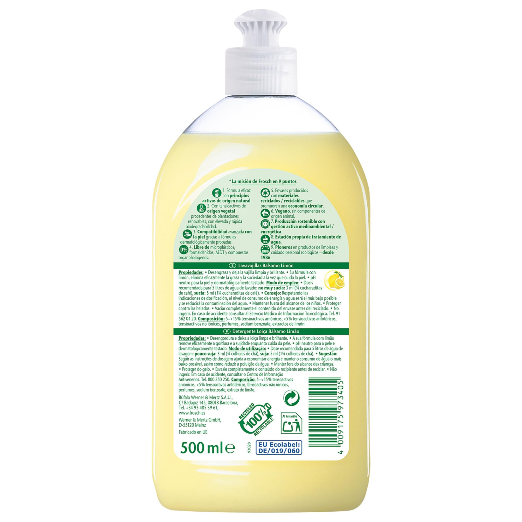 Frosch Lavavajillas a Mano Líquido Ecológico Limón 500ml PH neutro