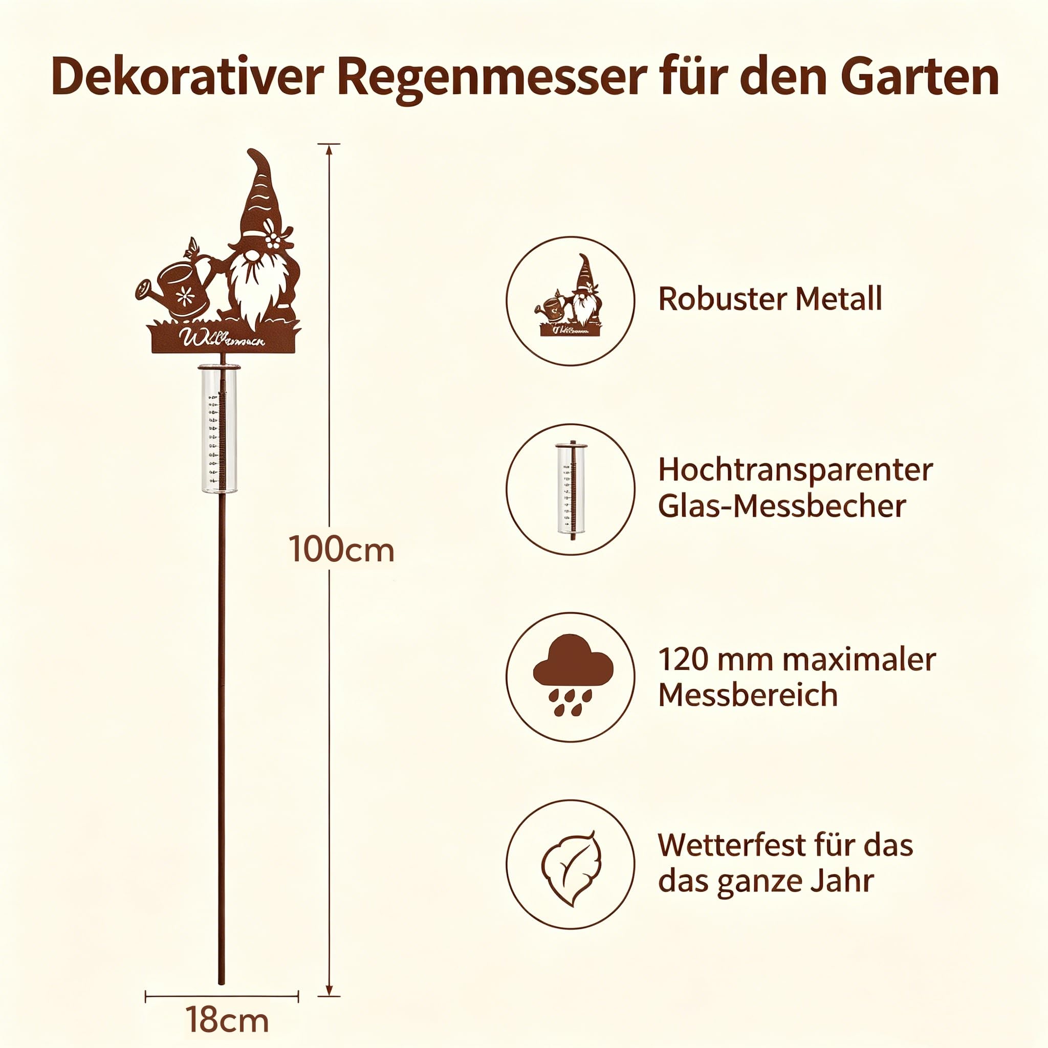 Regenmesser für Garten Dekorativer Niederschlagsmesser mit Erdspieß 100cm Hoch, Regenwassermesser Glas auf Gartenstecker, Willkommensschild & Zwerg Motiv