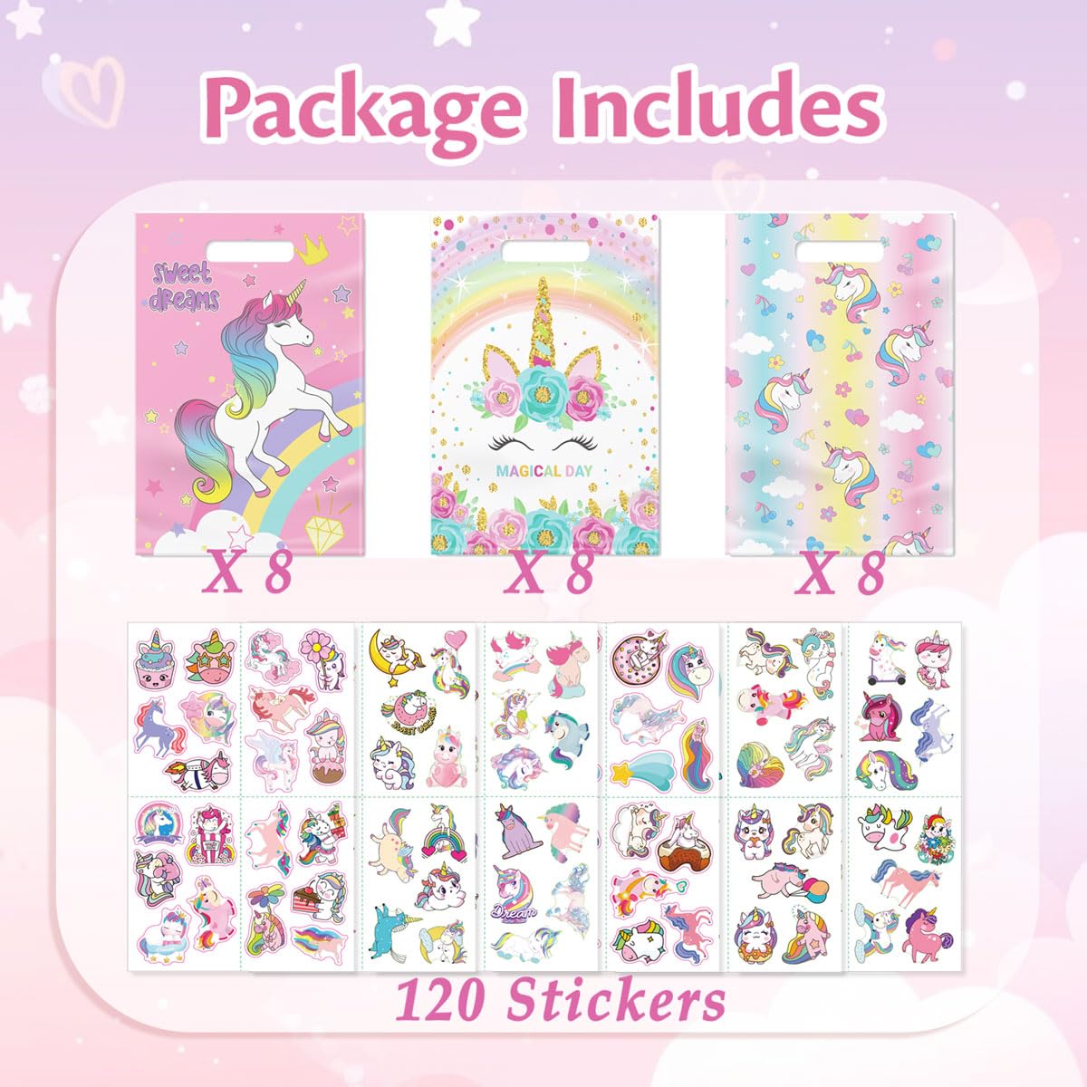 momoake Unicorns Party Favor Bags, 24 PCS Goodie Bgs with 120 Waterproof Vnyl Stickers for Kids Unicorns Birthday Decorations
