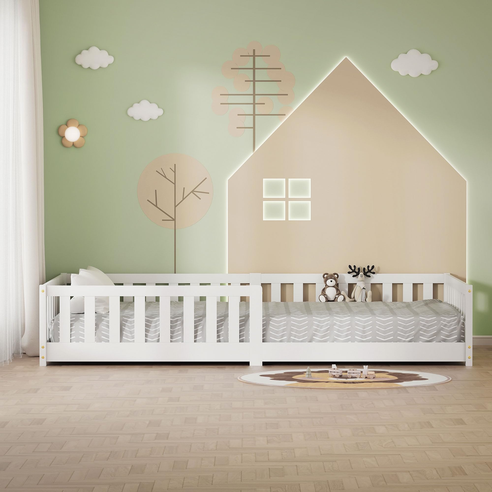 ML-Design Lózko Dzieciece 120x200 cm Bialy Podlogowe Lózko Montessori dla Dzieci z Solidnym Stelazem i Zabezpieczeniem przed Wypadnieciem z Litego Drewna Sosnowego Komfortowe Lózko Pojedyncze