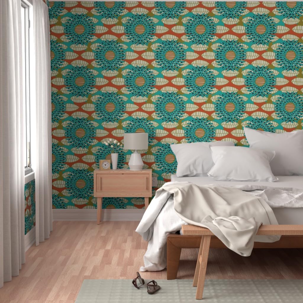 Peel & Stick Wallpaper 3ft x 2ft - African Leaf Mandala Print Turquoise Red Leaves Large Art Abstract Floral Nature Botanical Ethnic Custom Removable Wallpaper by Spoonflower