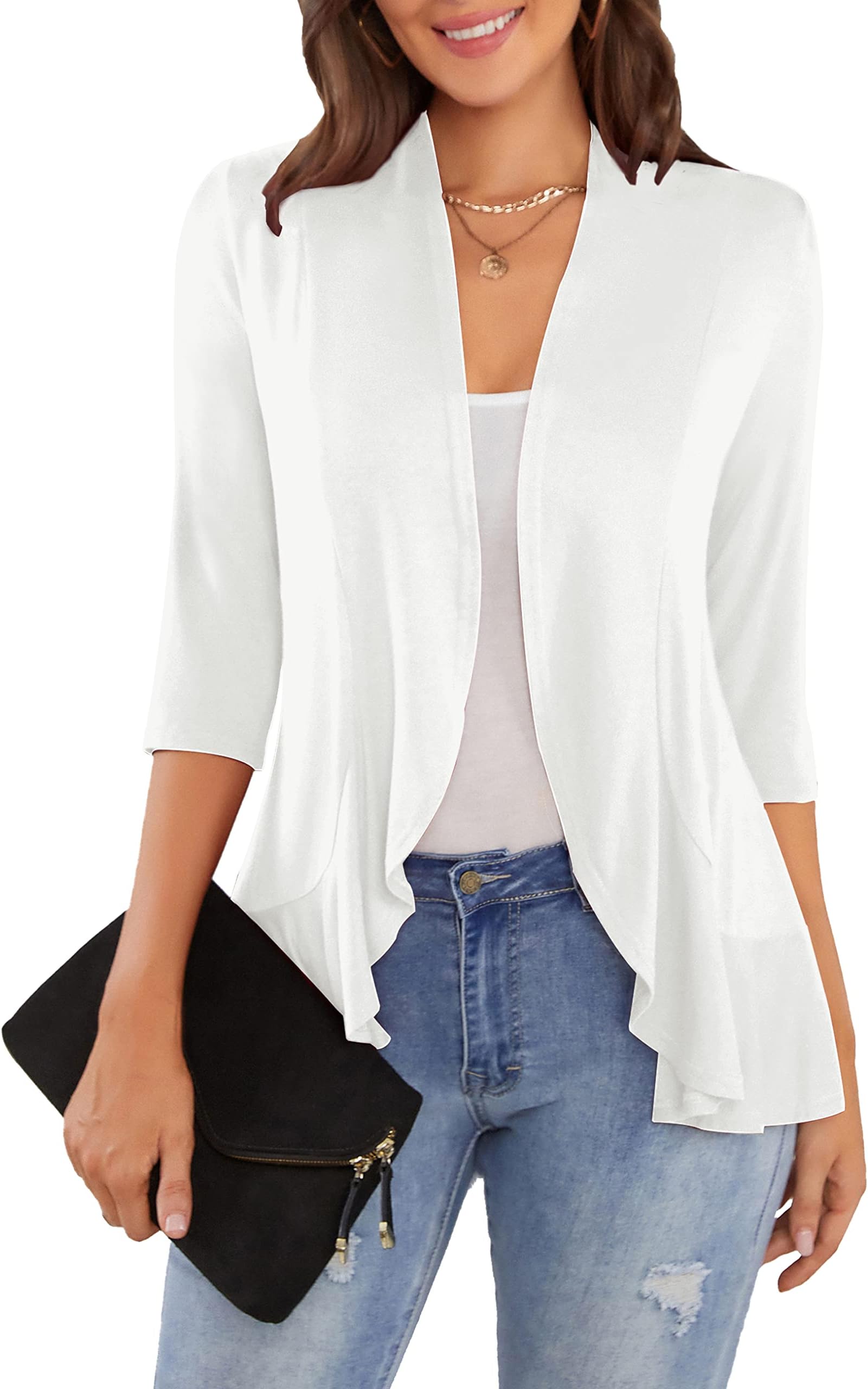 Women's Casual Lightweight Cardigan Open Front Draped Ruffles 3/4 Sleeve Cardigan Sweaters, S-2XL