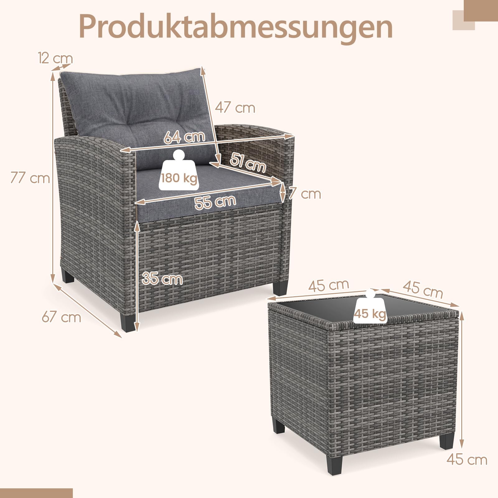 GIANTEX Set Mobili da Giardino in PE Rattan, Set di Conversazione con 2 Poltrone con Cuscini Morbidi, 1 Tavolino con Piano del Tavolo in Vetro Temperato (Grigio)