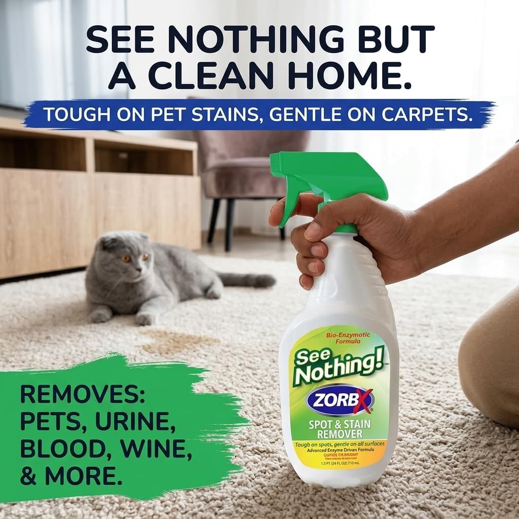 ZORBX See Nothing Spot & Stain Remover Spray (24 oz.) - All Purpose Cleaner for Shoes, Clothes, Furniture & Pet bedding - Fast-Acting Scrub-Free Odor & Enzyme Stain Remover for Ink, Blood & Urine