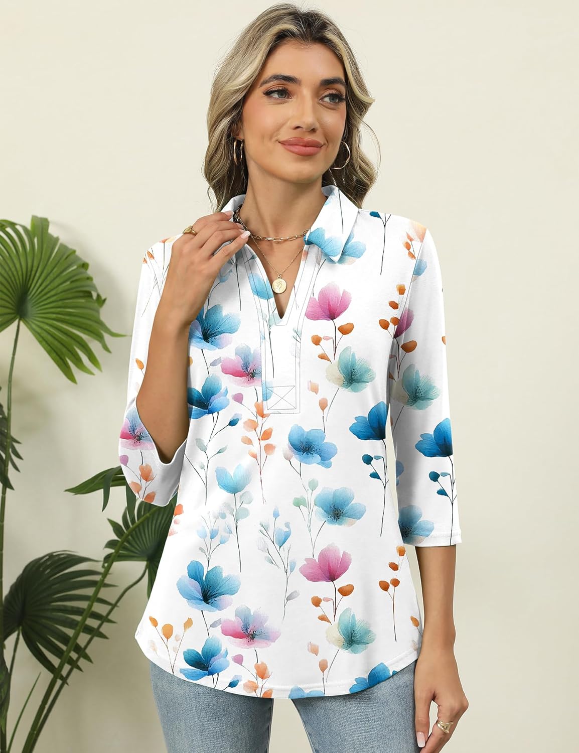 ZHENWEI Women's 3/4 Length Sleeve V-Neck Collared Tops Summer Business Casual Work Polo Shirts 2025 - Image 7