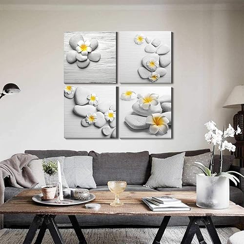 Miniatura 5 de Lienzo decorativo para pared, 4 piezas, decoración de baño, arte de pared, cuadros amarillos y grises, flores y piedra de guijarro, cuadros modernos