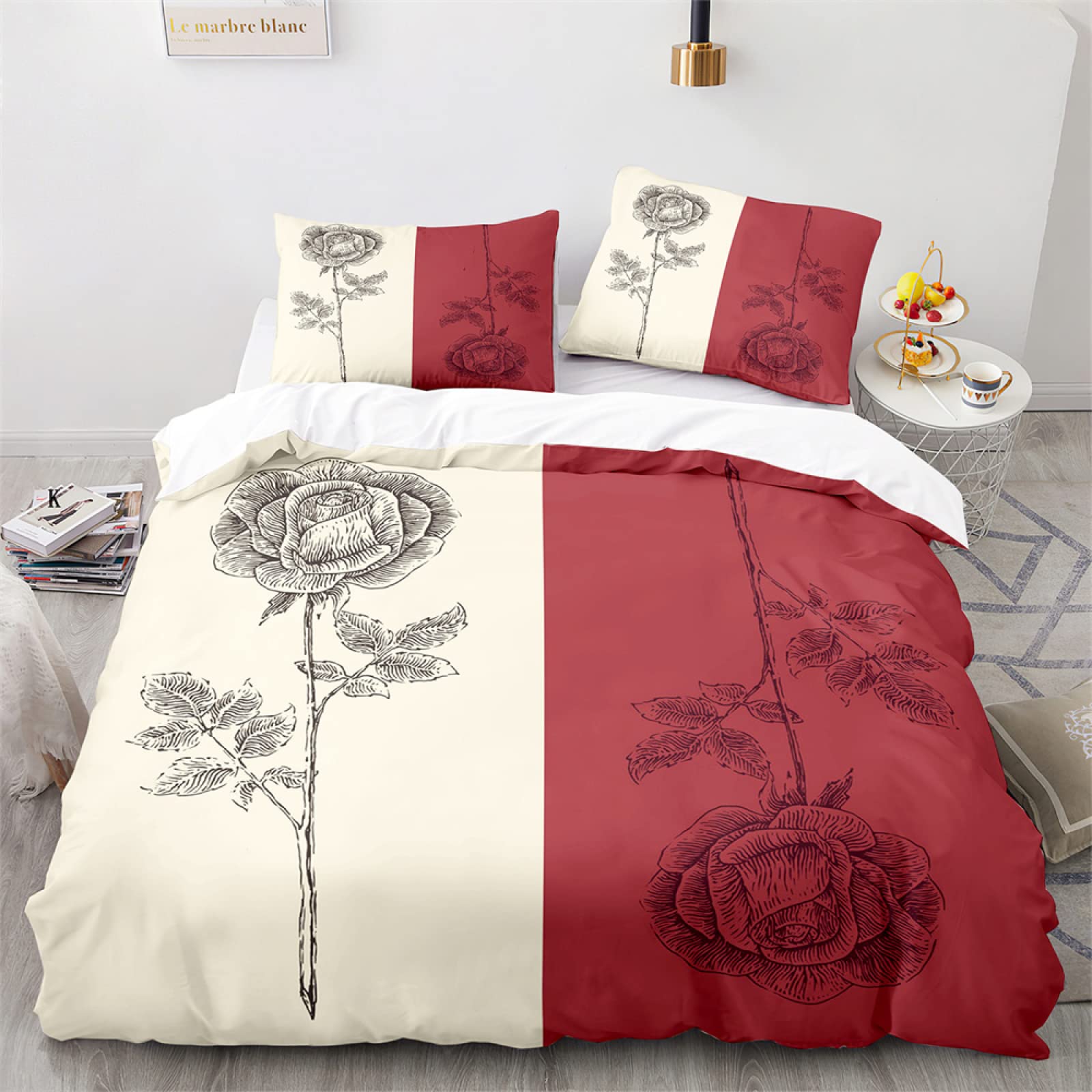 Housse de couette 140x200 fleur rouge avec 2 taies d'oreiller en microfibre