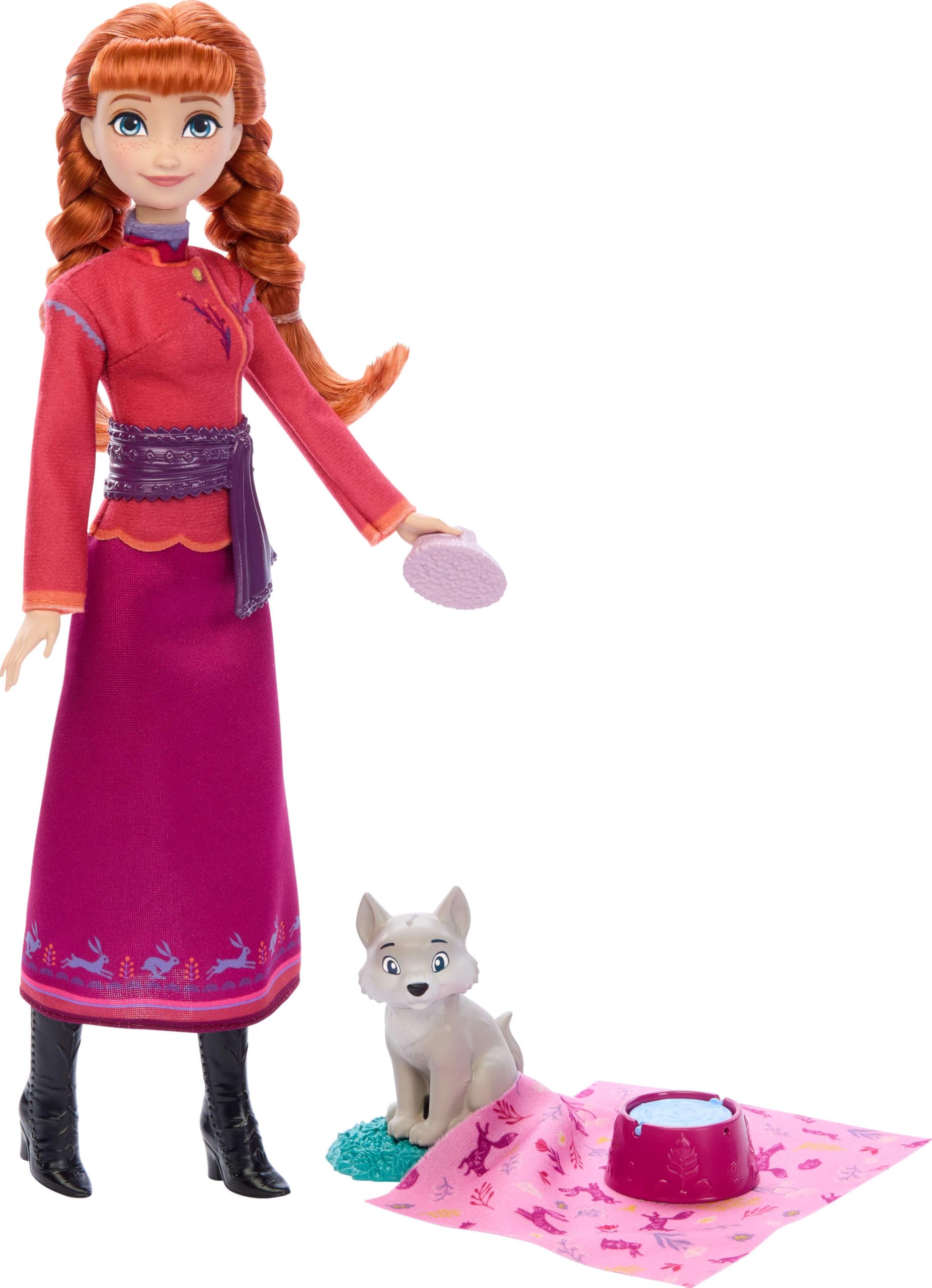 Mattel Disney Karlar Ülkesi Anna Bebek ve Yavru Kurt Figürü, yavru kurdun yatağı ve battaniyesi dahil 4 aksesuar, JFG17