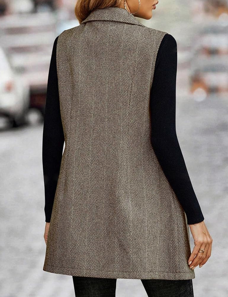 Long Vest for Women Sleeveless Tweed Jacket Blazer Fall Winter Herringbone Casual Cardigan Outerwear - Image 4