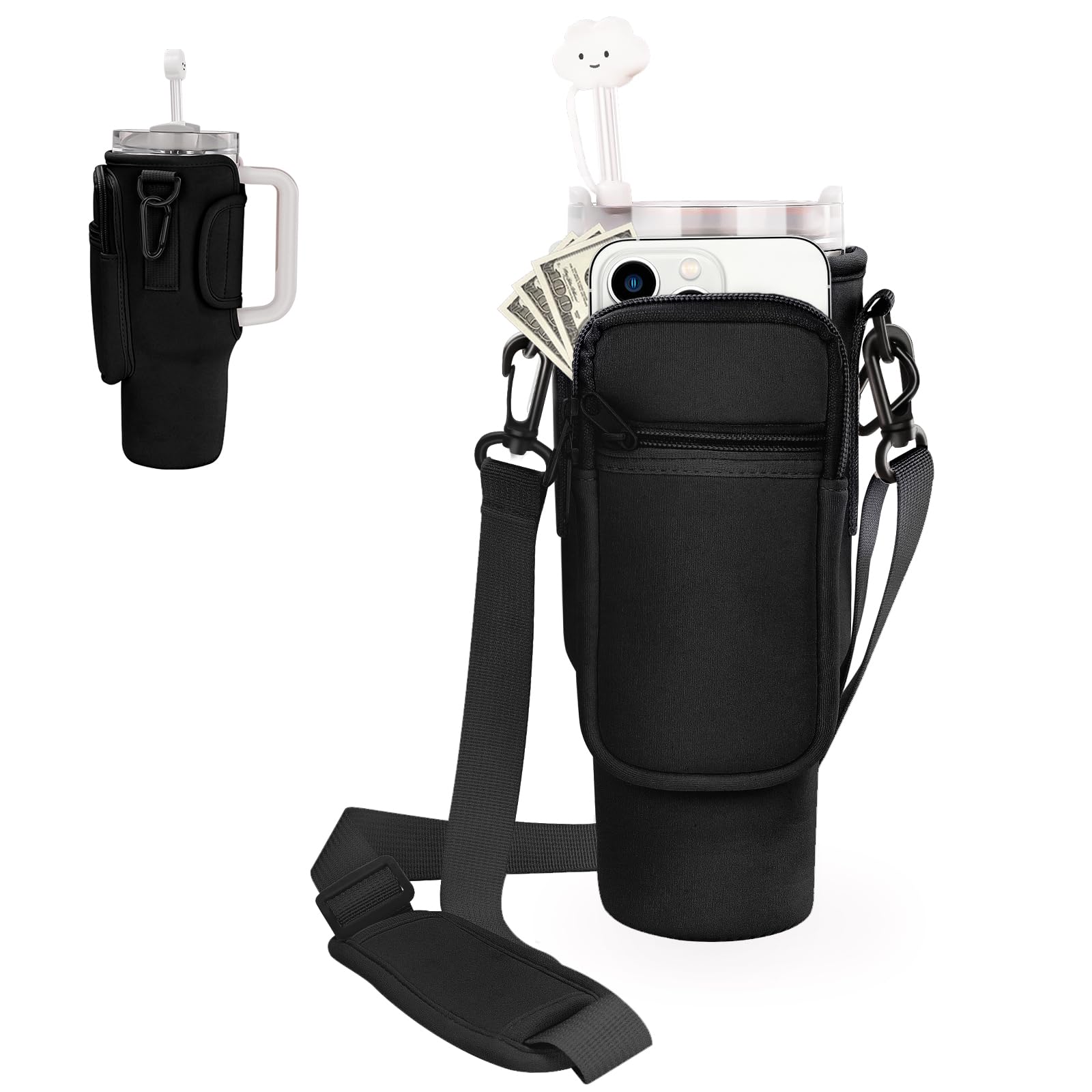 Wasserflaschen-Tasche mit Handyfach für Stanley 1,134 g Trinkbecher, Wasserflaschenhalter mit verstellbarem Riemenbollus mit Strohhalmabdeckung & Karabiner für Stanley Cup Zubehör