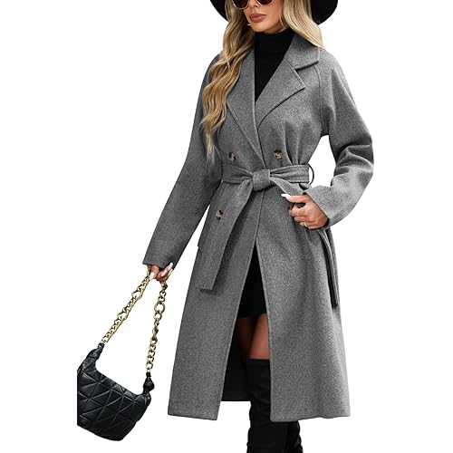 Women's Elegant Pea Coat Lapel Collar Double Breasted Trench Jacket Fall Slim Long Outerwear with Belt Pockets