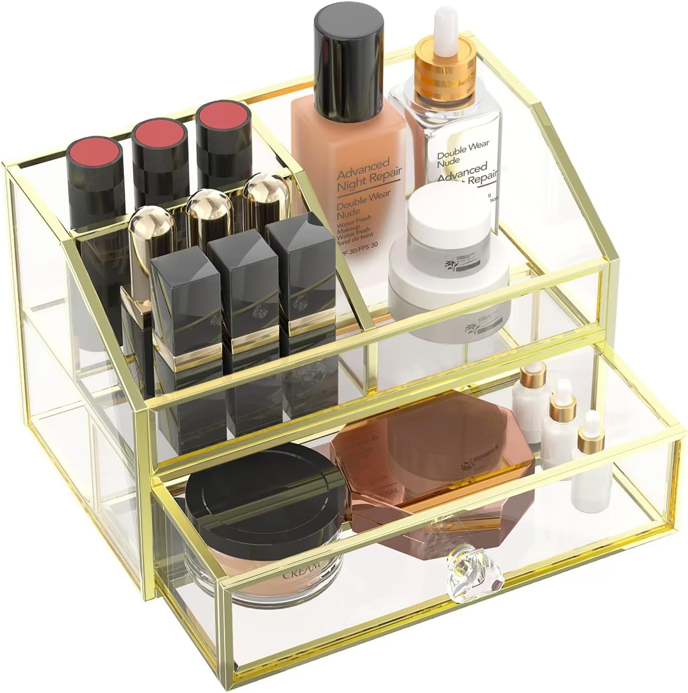 FSyueyun Makeup Organizer for Vanity, Clear Glass Drawer Organization and Storage Jewelry Display Case Gold Cosmetics Storage Lipstick Organizer Tray Perfumes for Bathroom Counter or Dresser