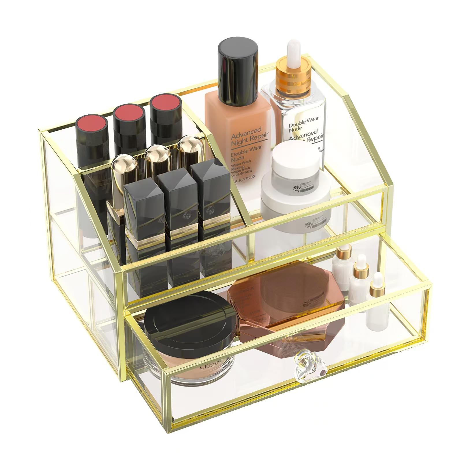 Glass Makeup Organizer Jewelry Storage Display Case , Vanity Cosmetics Storage Organizer Make up Stand Cases Box with Drawer for Bathroom Counter or Dresser