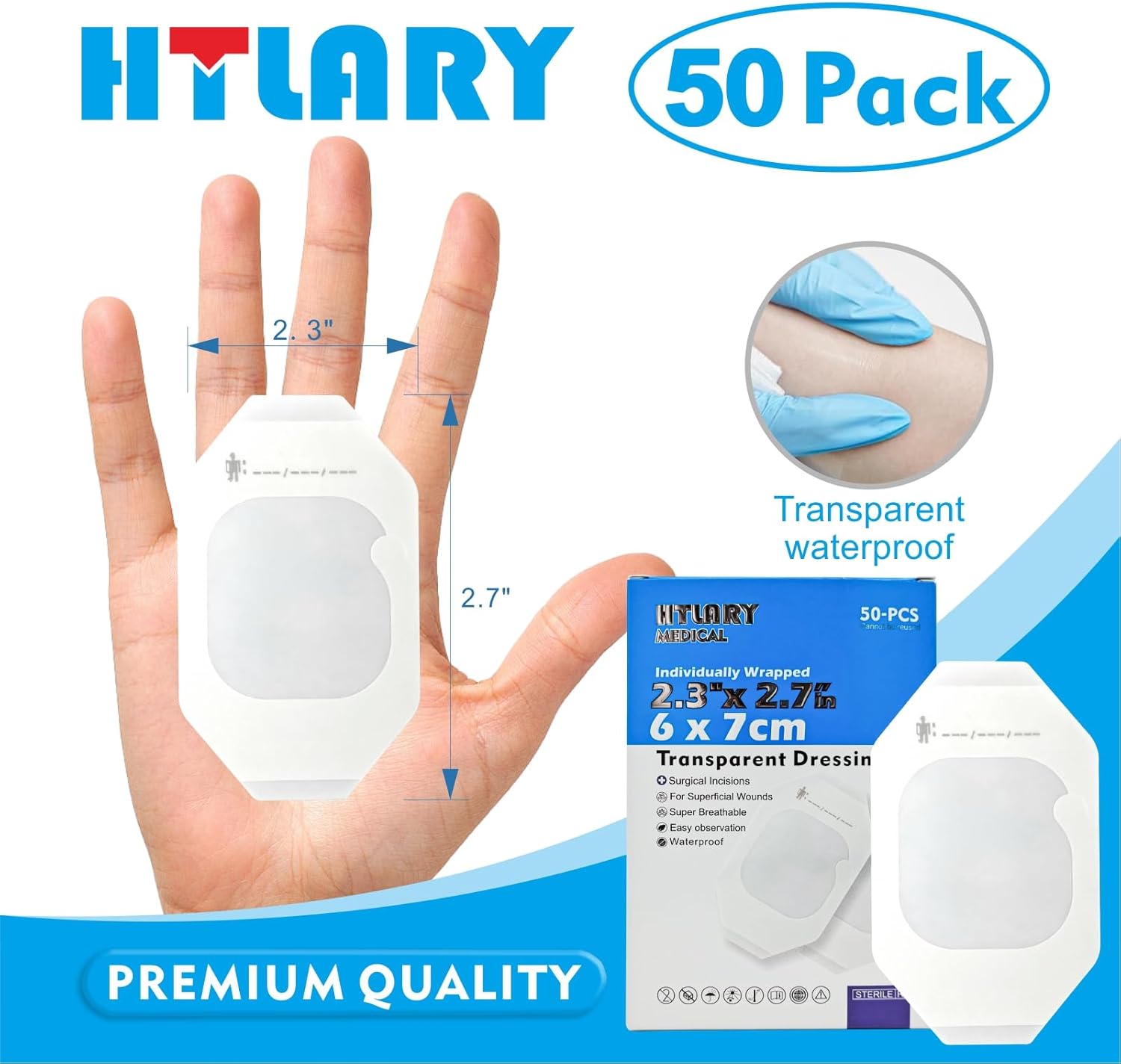 Transparent Film Dressing 2.3" x 2.7", 50 Packs, Waterproof Wound Cover Bandage, Post Surgical Shower or Tattoo Aftercare Bandage, IV Shield, Adhesive Patches - Image 2