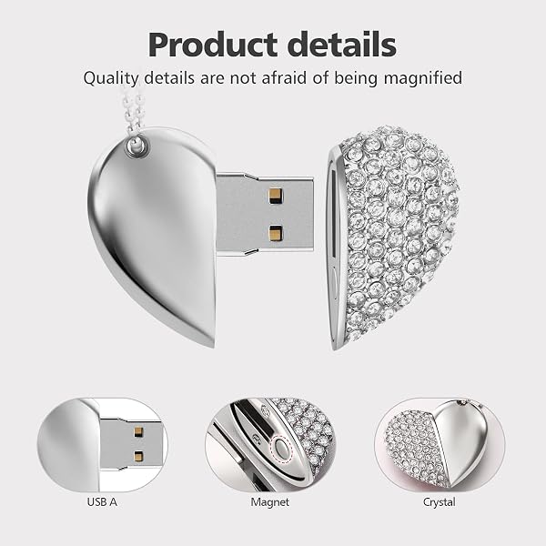 USB 2.0 Flash Drive,Cute Romantic Heart Shape USB Memory Stick,Thumb Drive for Photos, Music, Files Storage (Silver, 64, GB) - 2