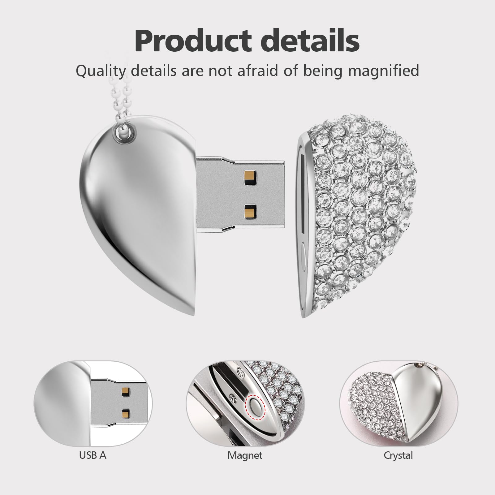 USB 2.0 Flash Drive,Cute Romantic Heart Shape USB Memory Stick,Thumb Drive for Photos, Music, Files Storage (Silver, 64, GB) — view 2