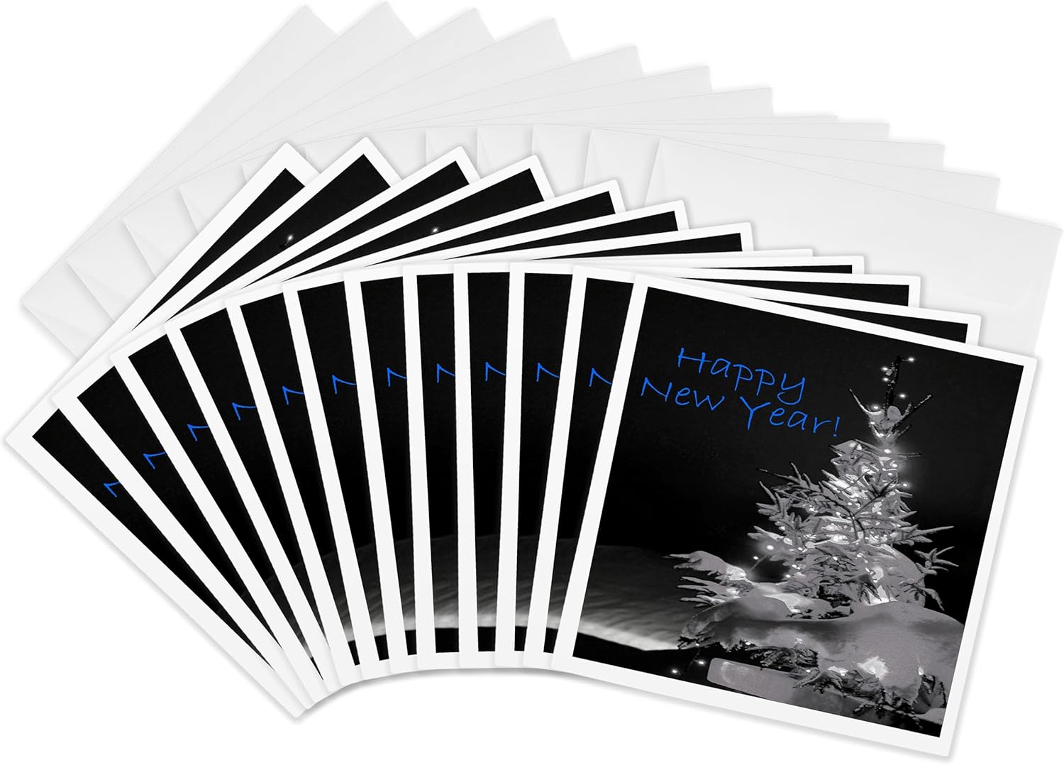 3dRose Pretty Christmas Tree Happy New Year in Black and White With Blue Text - Greeting Cards, 6 x 6 inches, set of 12 (gc_8907_2)