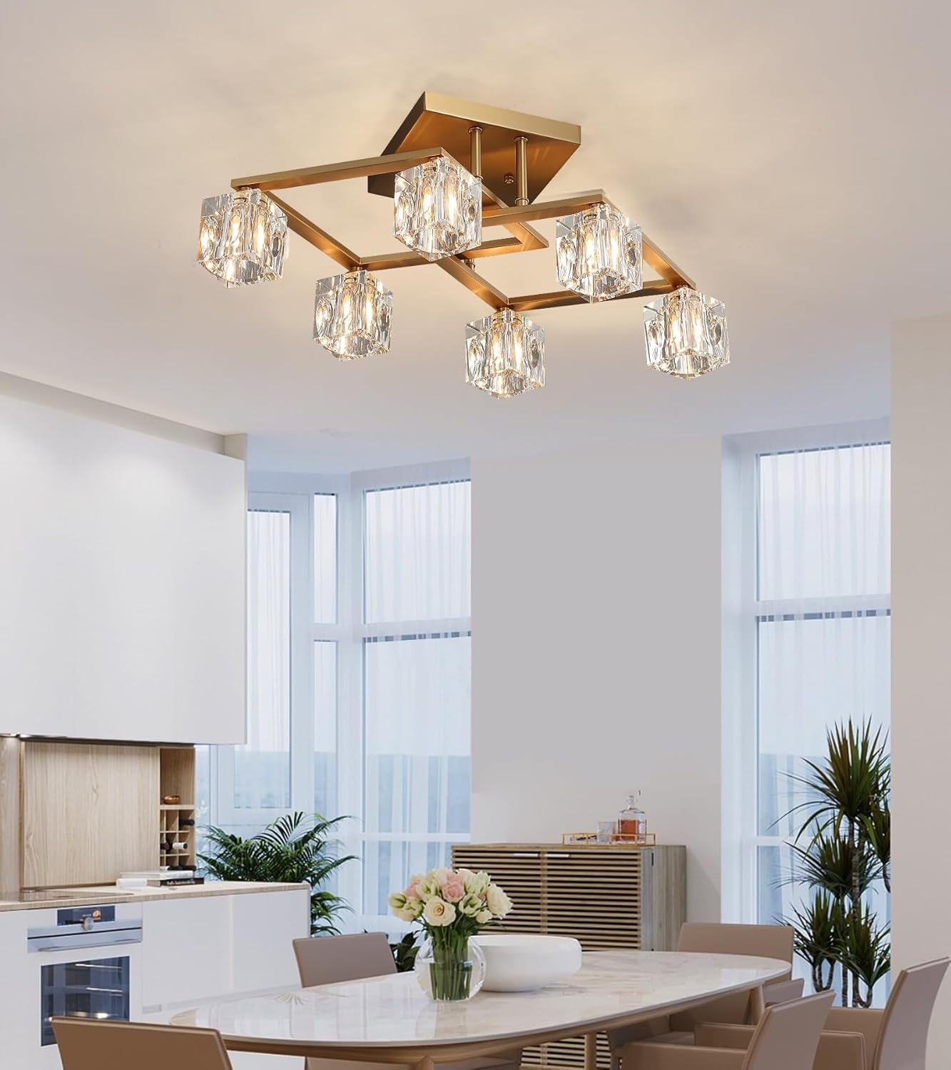 AMZASA Modern Crystal Chandelier,Gold Semi Flush Mount Ceiling Light Antique Brass Geometric 6 Lights Light Fixture for Dining Room Living Room Bedroom Kitchen Island Office