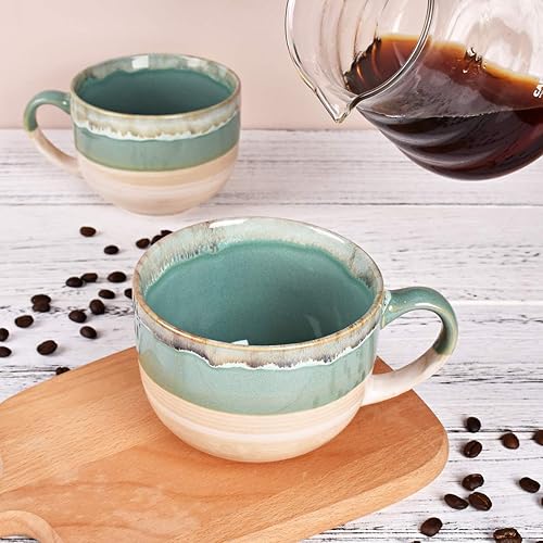 Miniatura 12 de Bosmarlin Juego de 2 tazas de café grandes de cerámica, tazas de café jumbo de gres para oficina y hogar, 16 onzas, aptas para lavavajillas y Azul