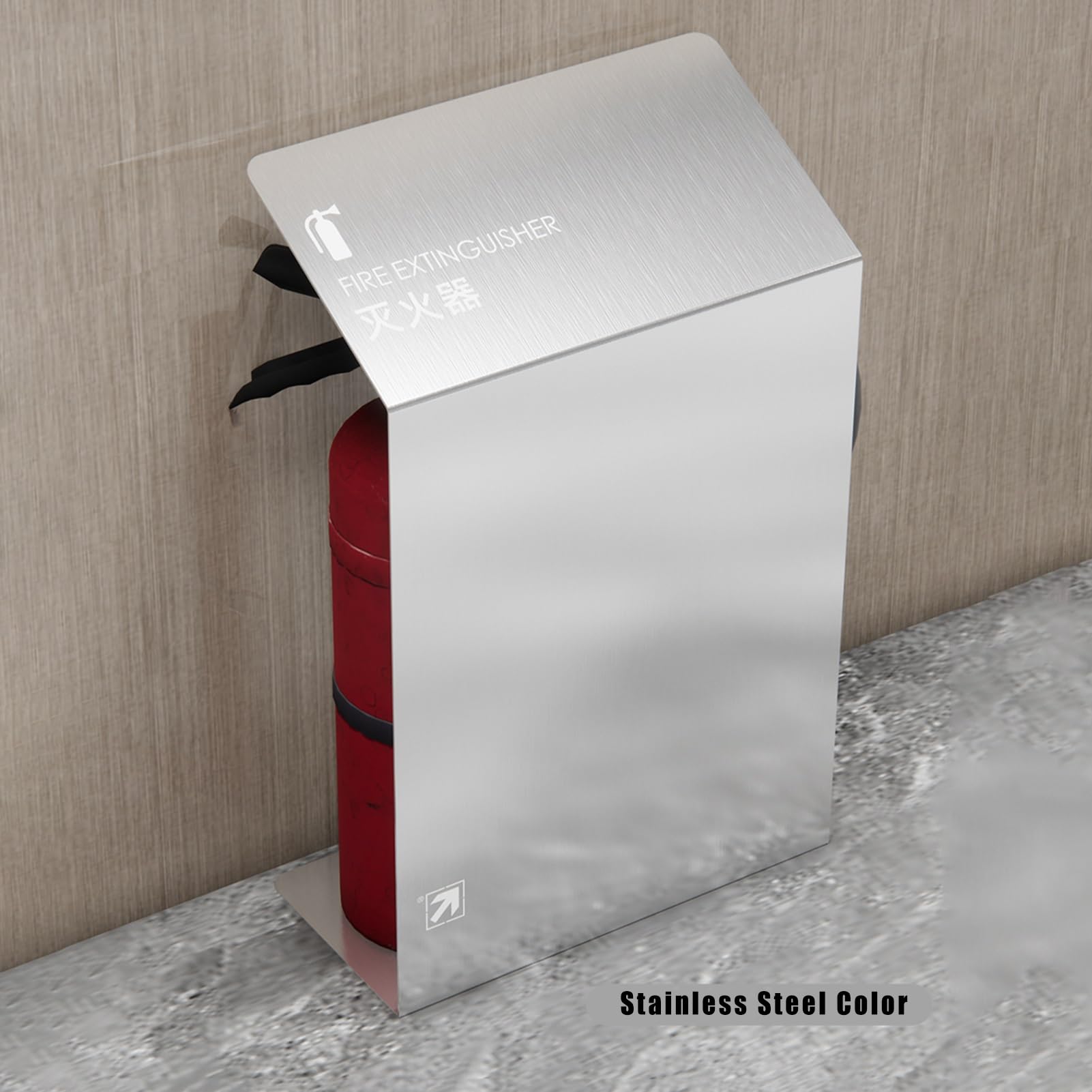 Señal de soporte para extintor de incendios, gabinete decorativo de acero inoxidable con grano de madera para un almacenamiento seguro y elegante de seguridad contra incendios