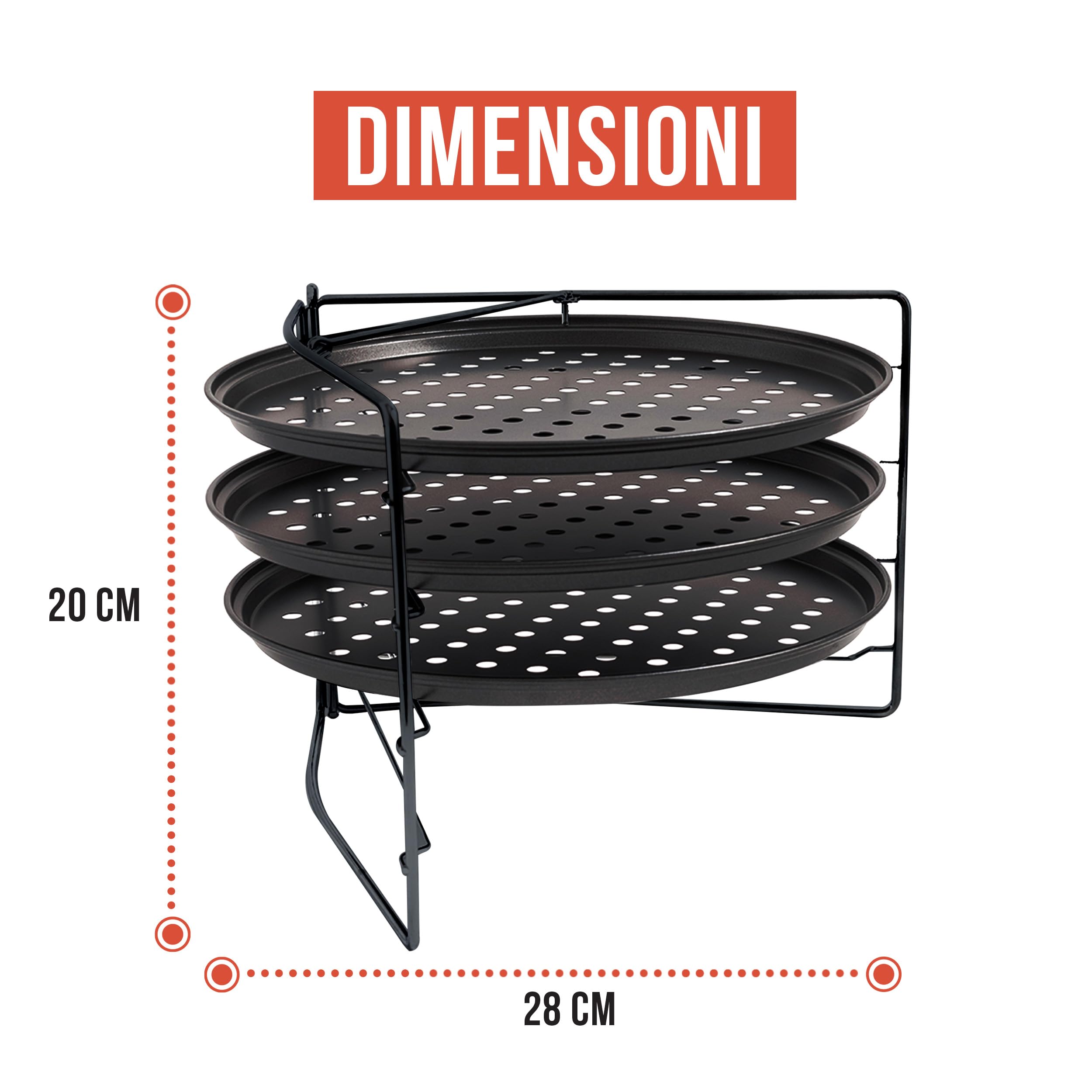 Chef Pomodoro Set di 3 Teglie per Pizza con Portateglie Incluso, Teglia per Pizza Rotonda, Antiaderente e Forata, Teglia Pizza da 28 cm per Forni Domestici, Resiste Fino a 450°C (Nero)