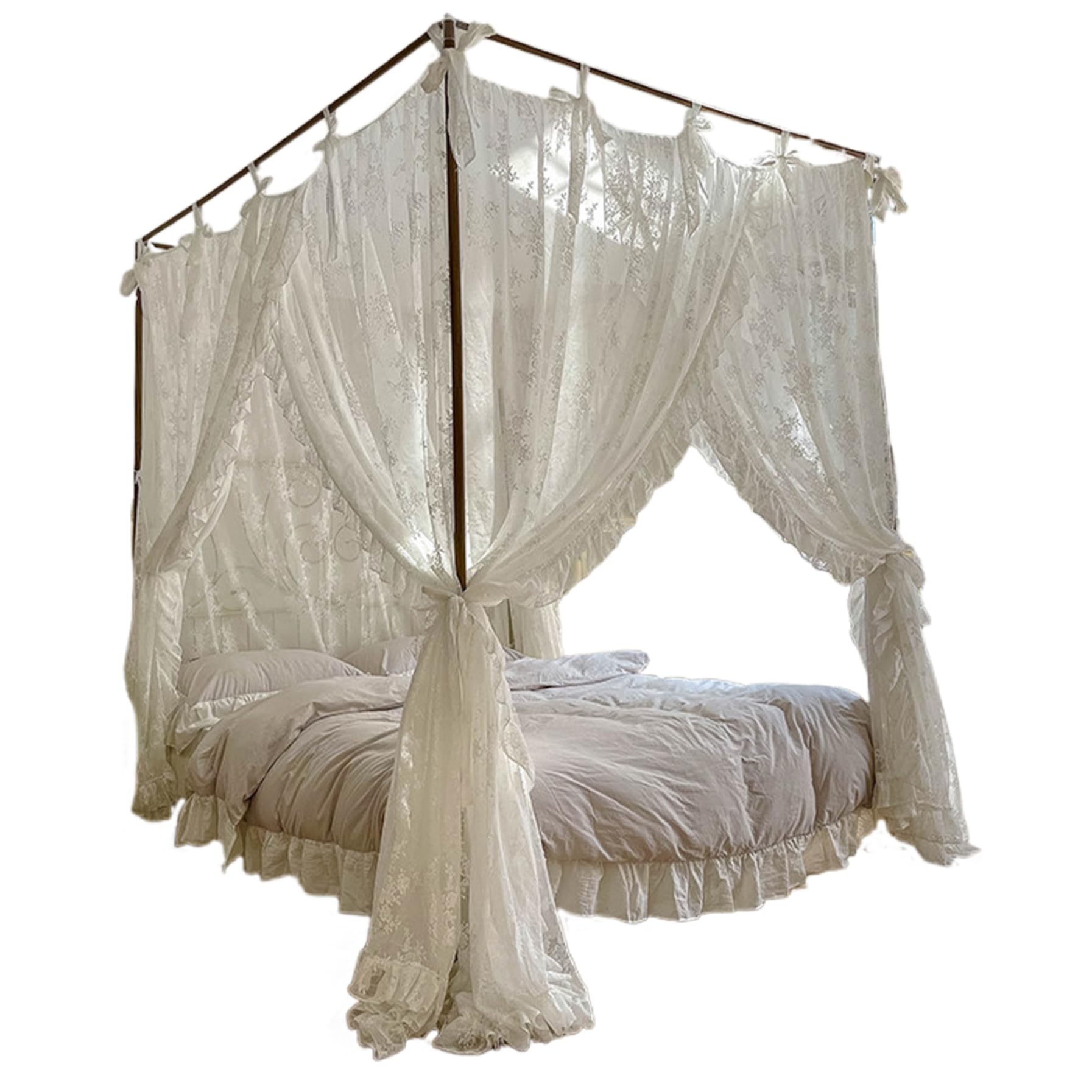 Himmelbett-Vorhänge, drei Öffnungen, Spitze, Prinzessinnen-Betthimmel, 4 Eckpfosten-Hängevorhänge mit Bändern, passend für 1, 5 m, romantische Schlafzimmerdekoration für Kinder, Teenager, Erwachs