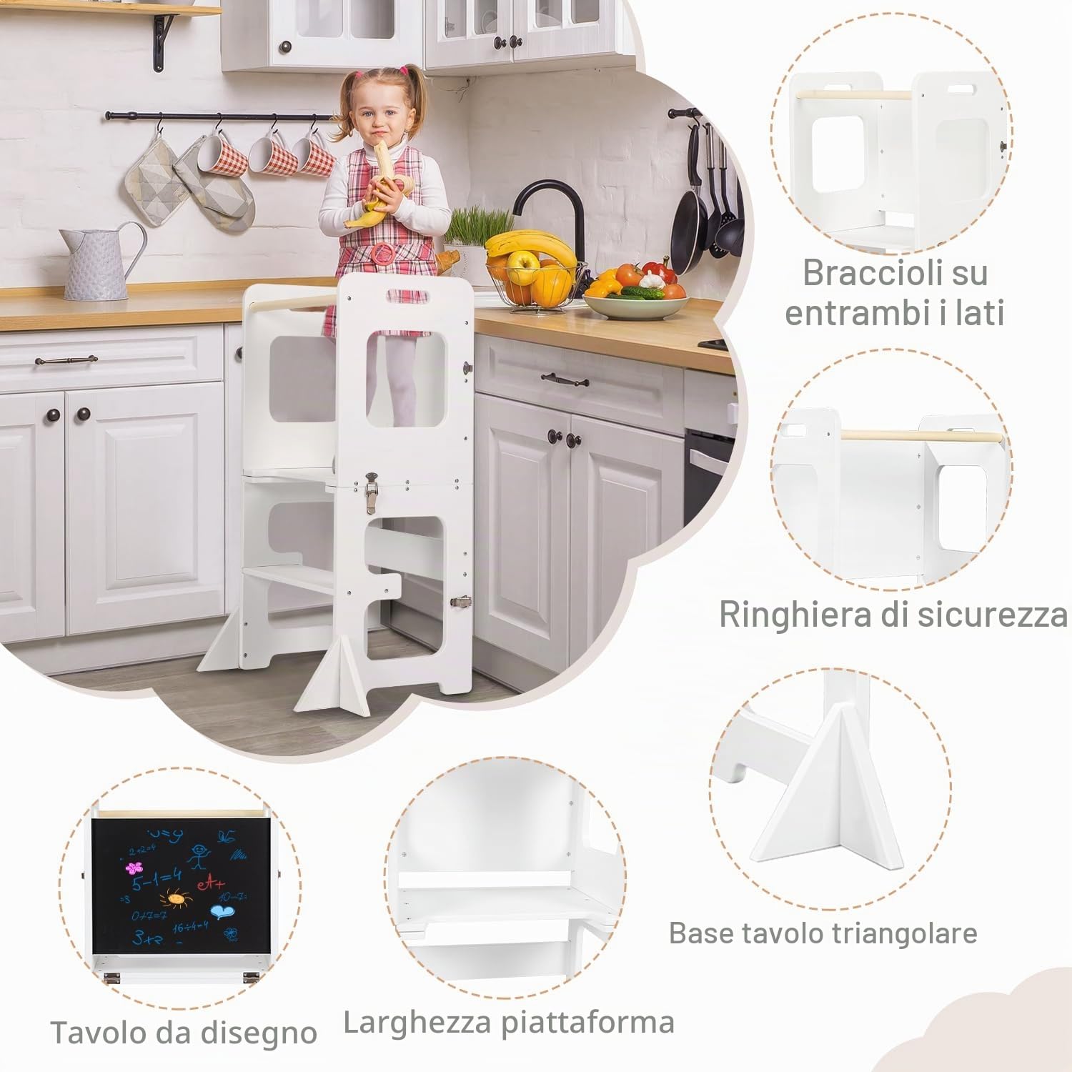 Torre montessoriana per bambini, 3 in 1 Multifunzionale Torre di apprendimento con lavagna, montessoriana Learning Tower Con tavolo da disegno scala montessoriana per bambini legnoso (Bianco)
