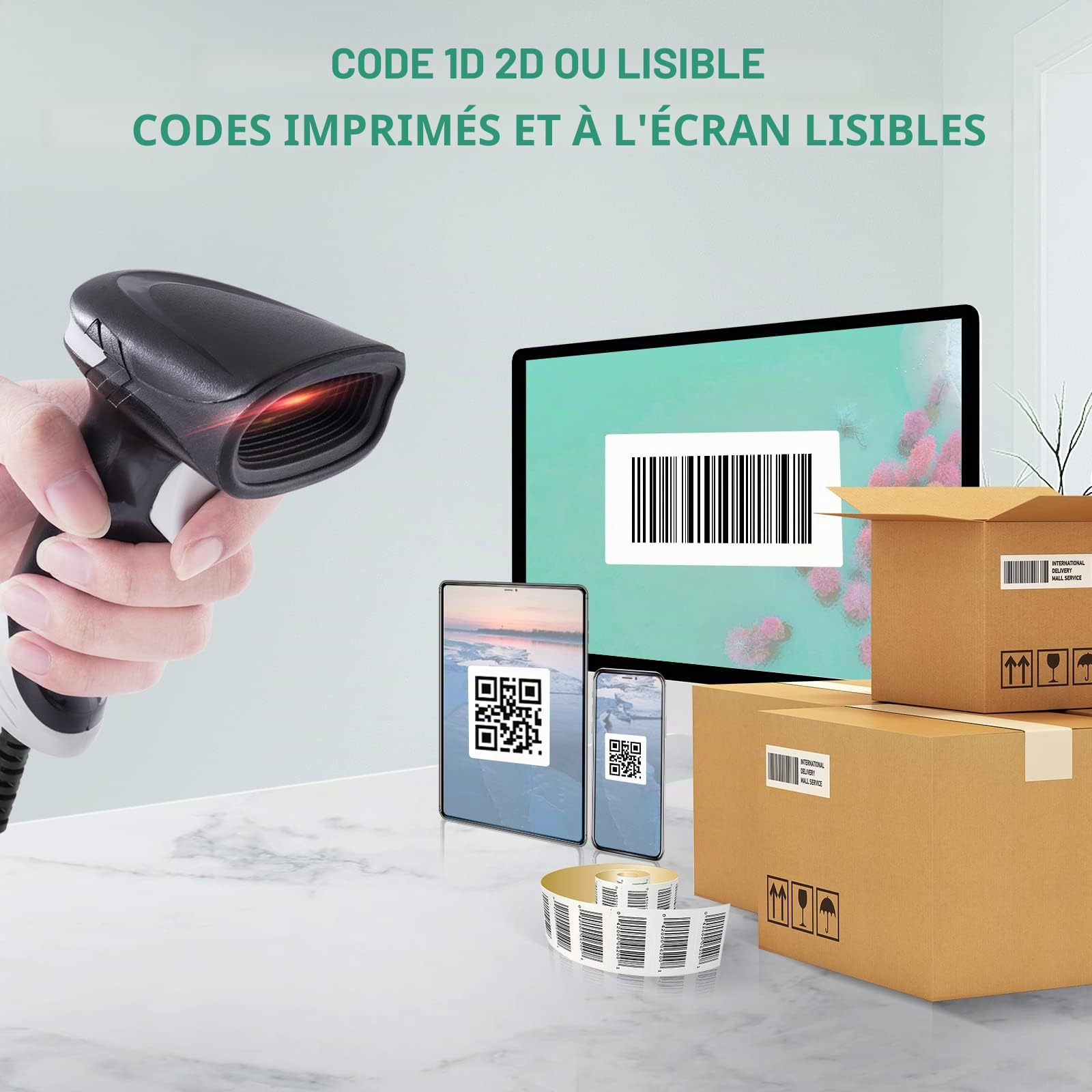 Scanner de Codes-Barres Filaire 2D QR, Lecteur de Codes-Barres Portable, Lecteur USB 1D, Lecteur de Code à Barres Plug and Play avec Lecture Rapide, Design Ergonomique - Portable
