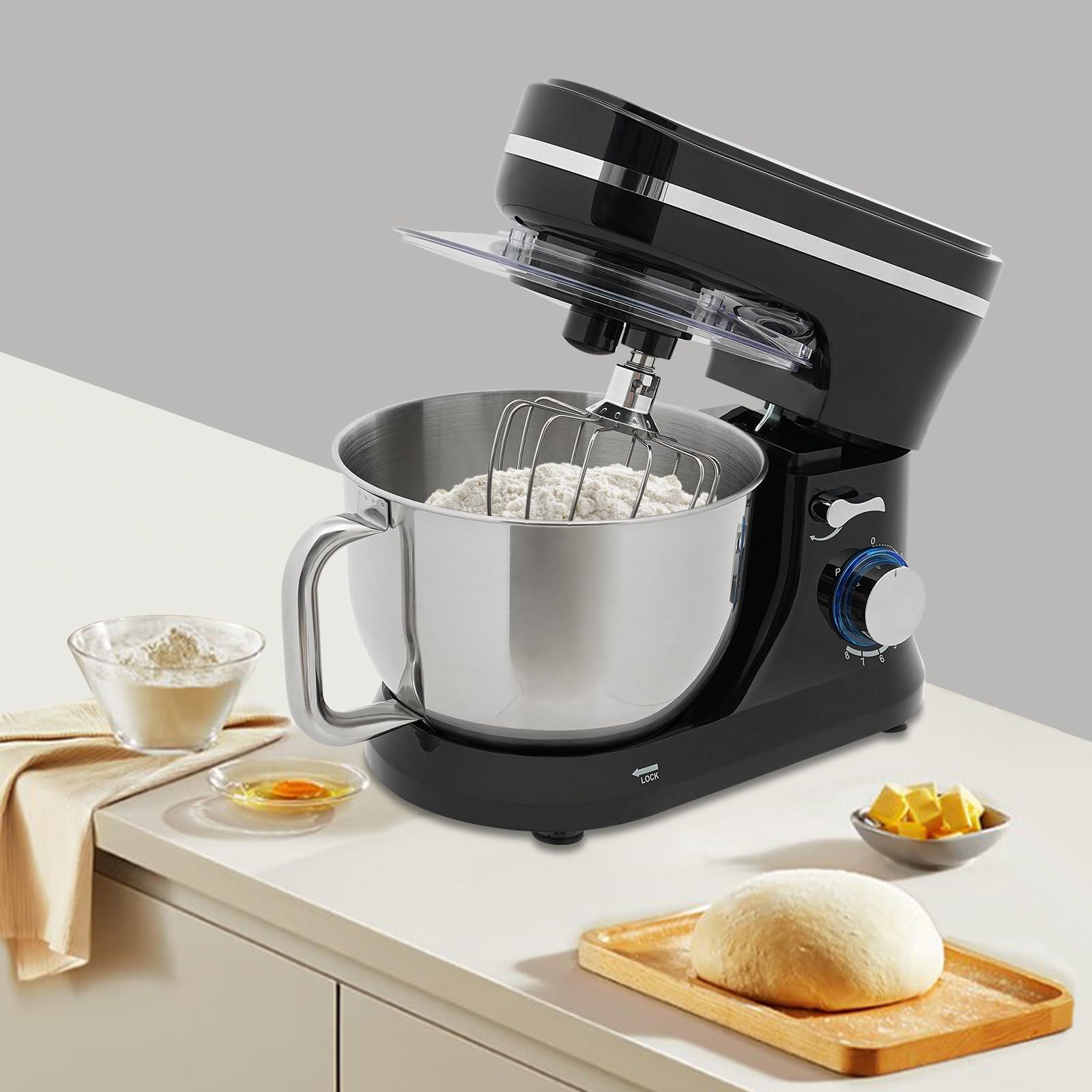 Frullatore Elettrico per Alimenti, Impastatrice da Cucina da 4,7L a 8 Velocità con Gancio per Impasto, Impastatrice da 1000W per Impastare, Montare la Panna e Preparare Prodotti da Forno