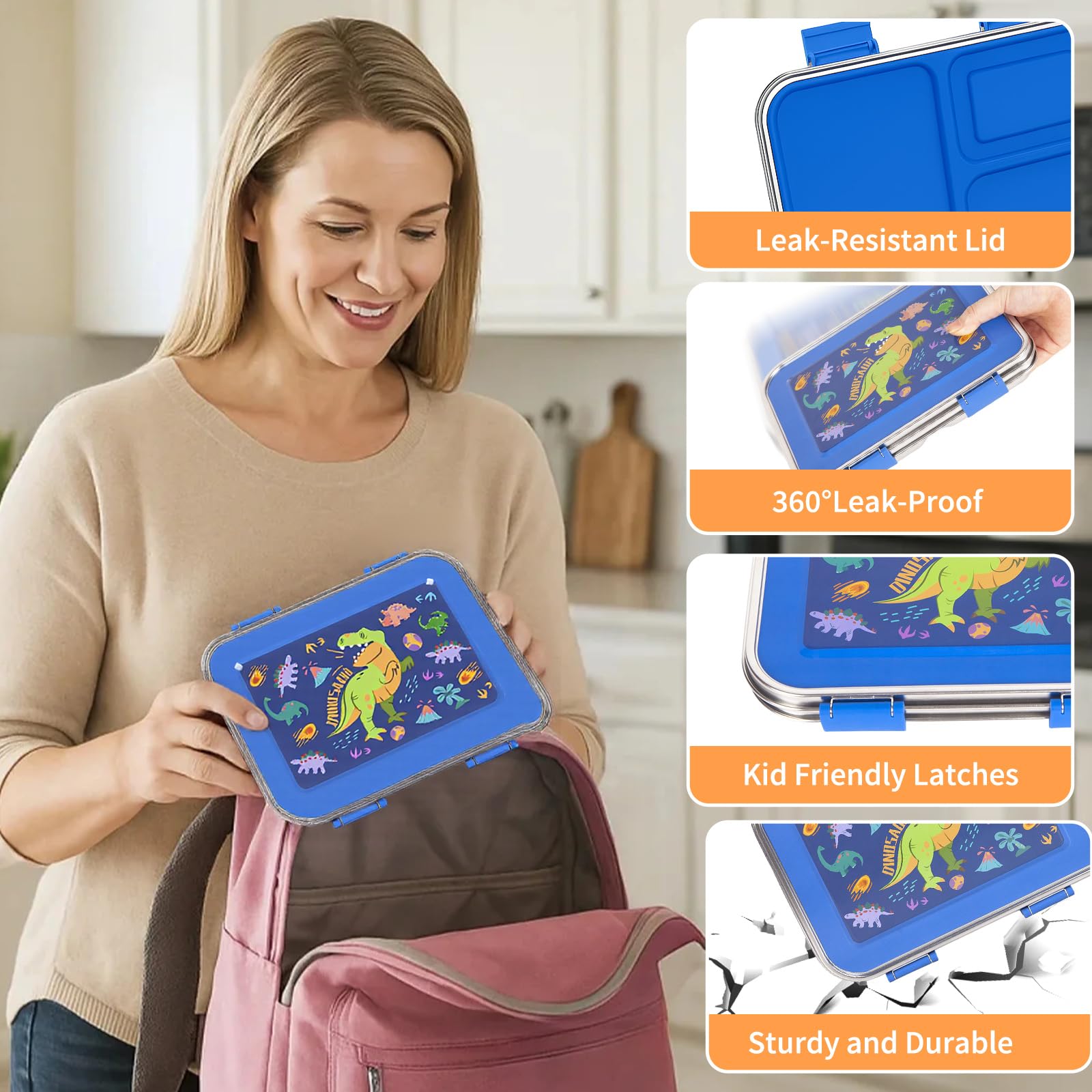 Edelstahl Brotdose Kinder mit 3 Fächern und Dichtring 950ml Lunchbox Personalisiert , BPA-freie, Auslaufsicher, 3 Containers Bento Box für Picknick Schulschüler Mittagessen Snack (Dinosaurier)