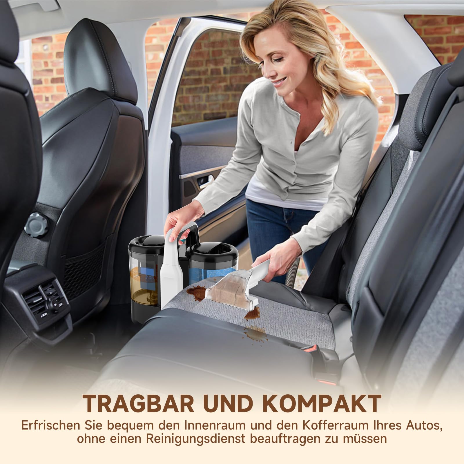 Polsterreiniger Gerät, Teppichreiniger Nasssauger mit 18kPa Saugkraft | 1,5L Frischwassertank, Fleckenreiniger für Sofa, Teppich, Auto & Haustiere, Doppeltank-System mit Sprühfunktion (Weiß)