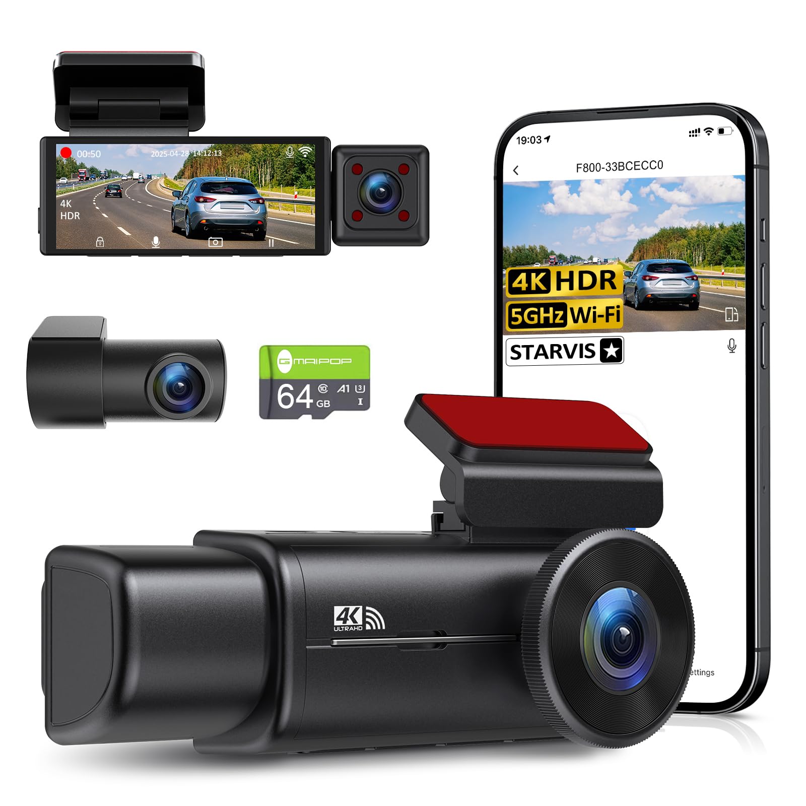 Photo 1 of 4K 3 Channel Dash Cam, STARVIS Sensor,5GHz WiFi with 64GB Card,2160P+1080P+1080P Front and Rear Inside, Car Dash Camera with 3.16" Screen,IR Night Vision G-Sensor, HDR,24H Parking Mode?Black?