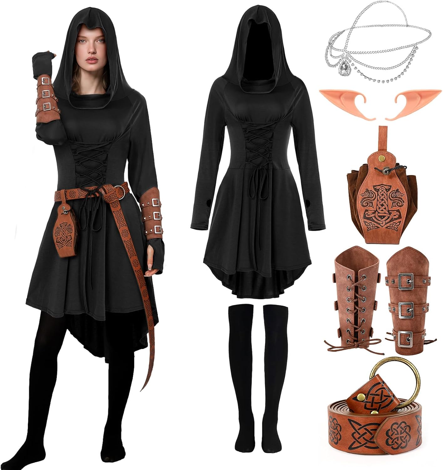 7PCS Women Medieval Fairy Costume Renaissance Elf Hooded Dress Leather Arm Pouch Belt Halloween Cosplay Outfit