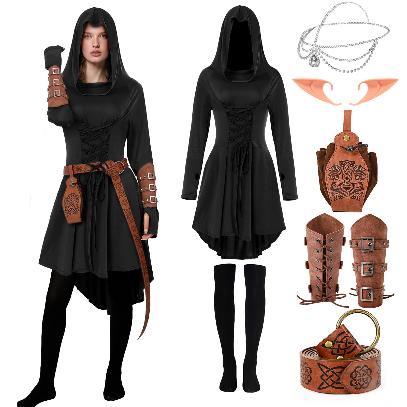 Dacnod Renaissance Medieval Costume Women Viking Costume with Arm Guards Belt Stockings Belt Bag Elf Ears Headpiece Hooded Robe Lace Up Dress Accessories