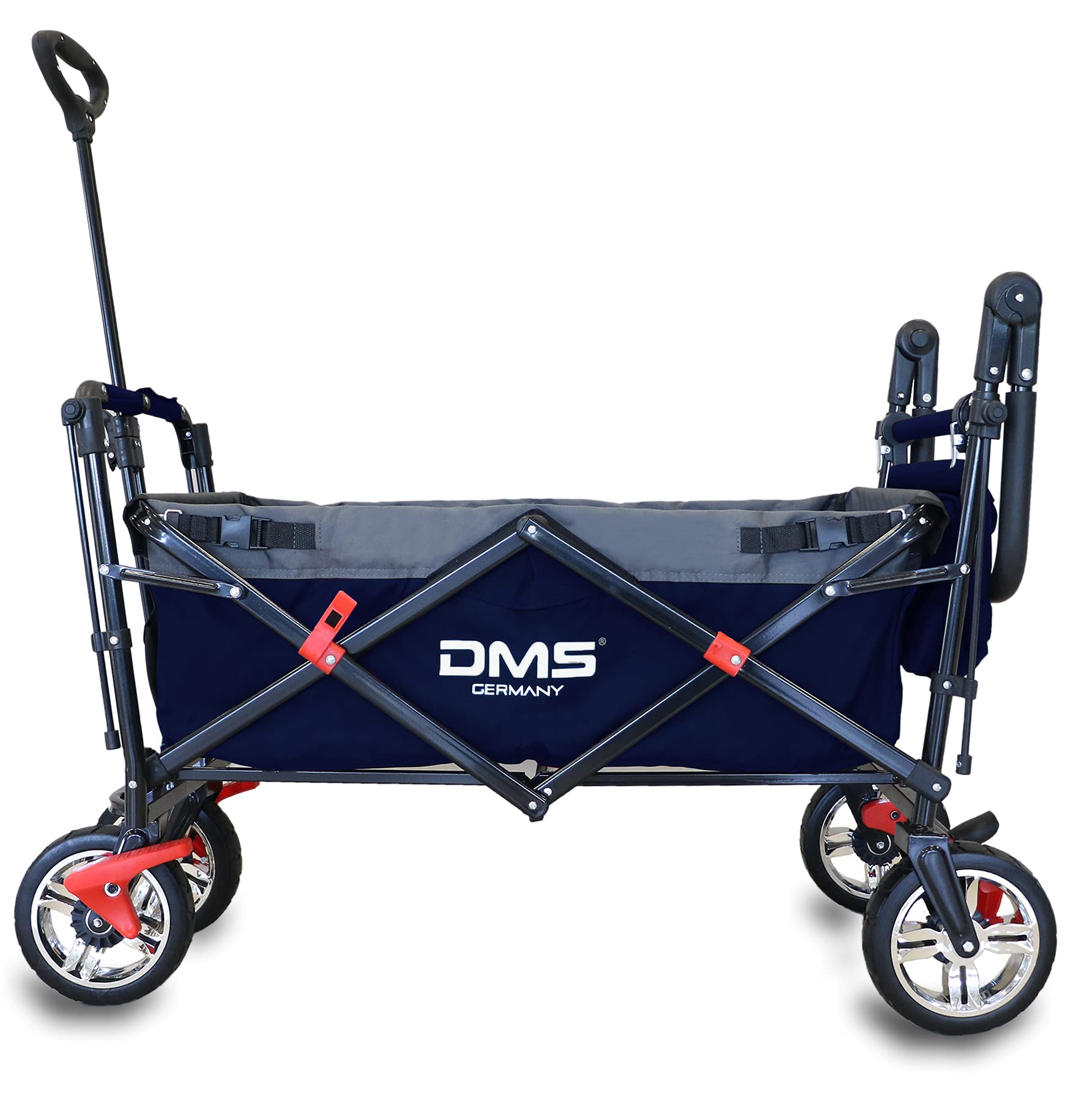 DMS BW-03B Chariot de transport pliable avec toit - Pneus en caoutchouc plein - Avec système de sonnerie pour enfants - Avec sac de transport et systèmes de freinage - Bleu