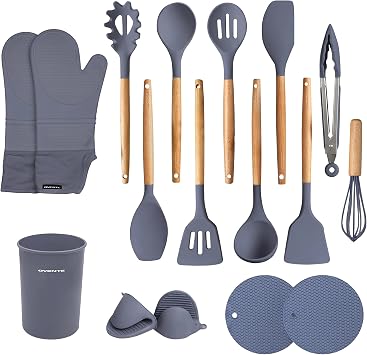OVENTE Silicone Cooking Utensils Set, 17pcs Heat Resistant Kitchen Tools and Gadgets for Nonstick Cookware, BPA Free Spatula Set with Wooden Handle, Cup Holder, Oven Gloves and Hot Pads, Grey SPS17G