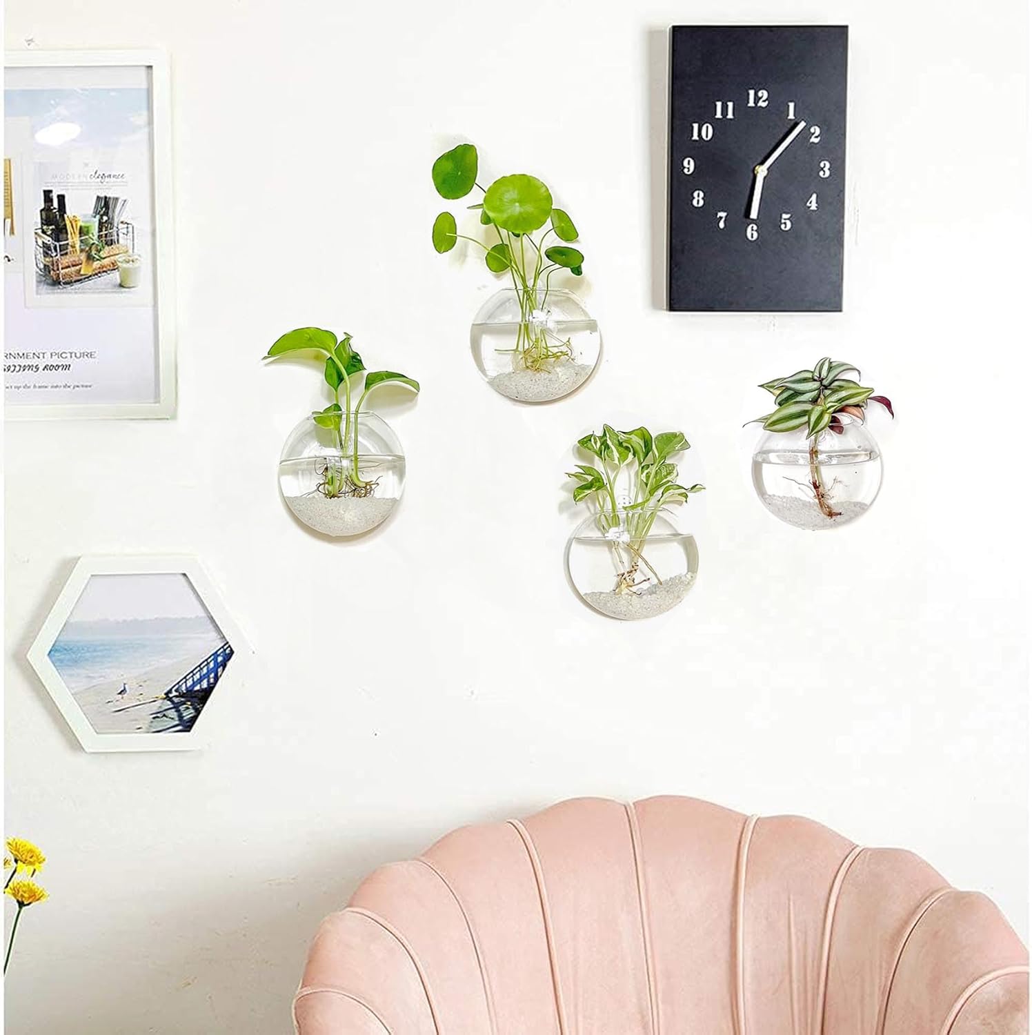 Kingbuy Wall Hanging Glass Planter Propagation Station - 6 Pack Oblate Globe Wall-Mounted Vases for Indoor Hydroponic Air Plants Bathroom Living Room Office Decor Gift for Women, Mom, Plants Lovers