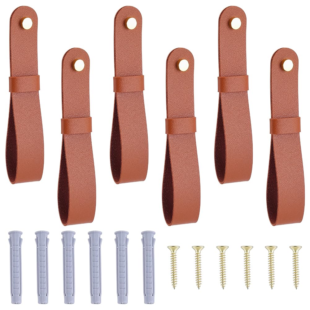 WADORN 6Pcs Curtain Rod Holders PU Leather Wall Mount Brackets 7x1.3x0.39 Inch PU Leather Hook Lanyard with Screws for Hanging Towel Oars Home Bathroom Kitchen Bedroom, Chocolate
