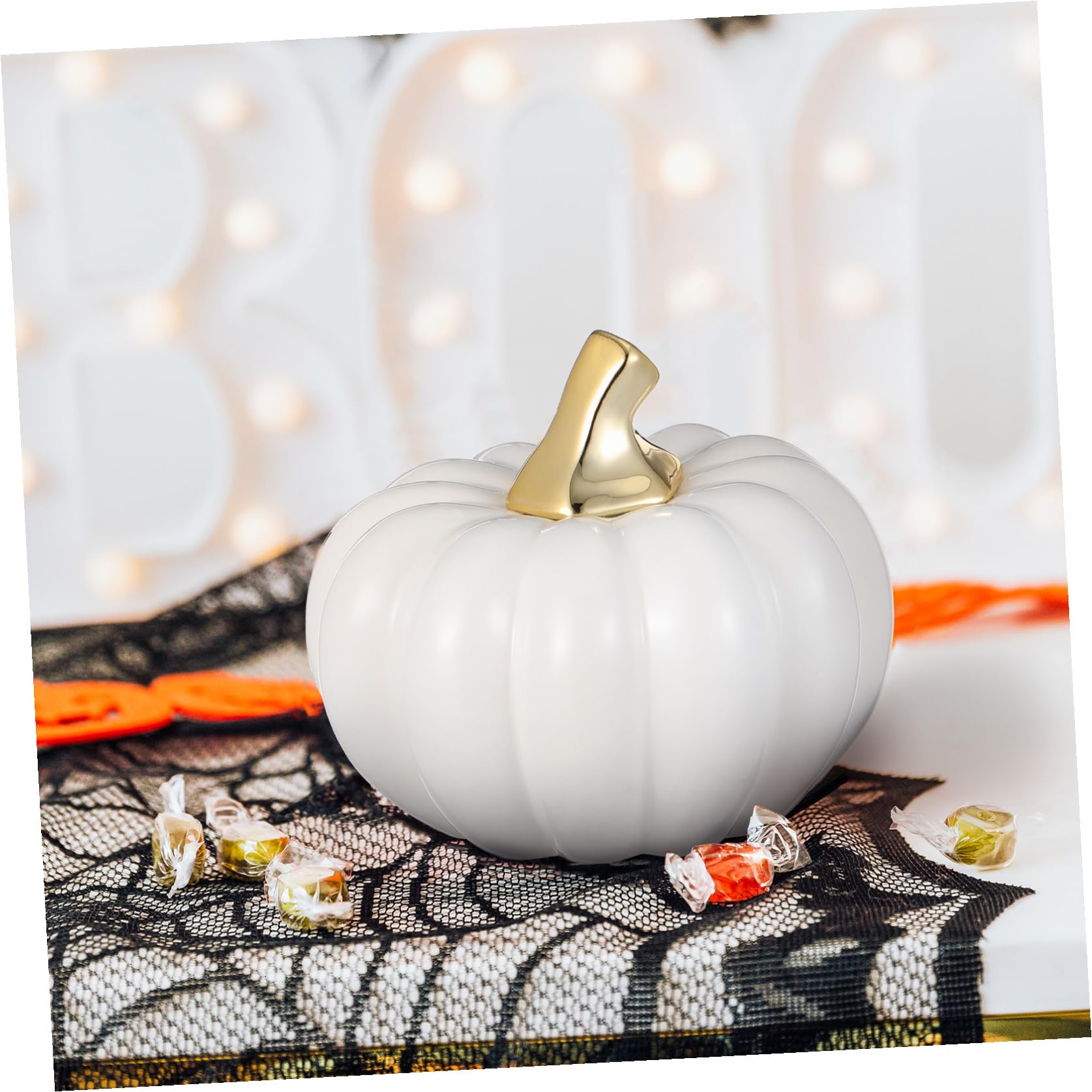 Keramik Kürbis Ornament Weiß Halloween Dekoration Deko Feier Herbst Party
