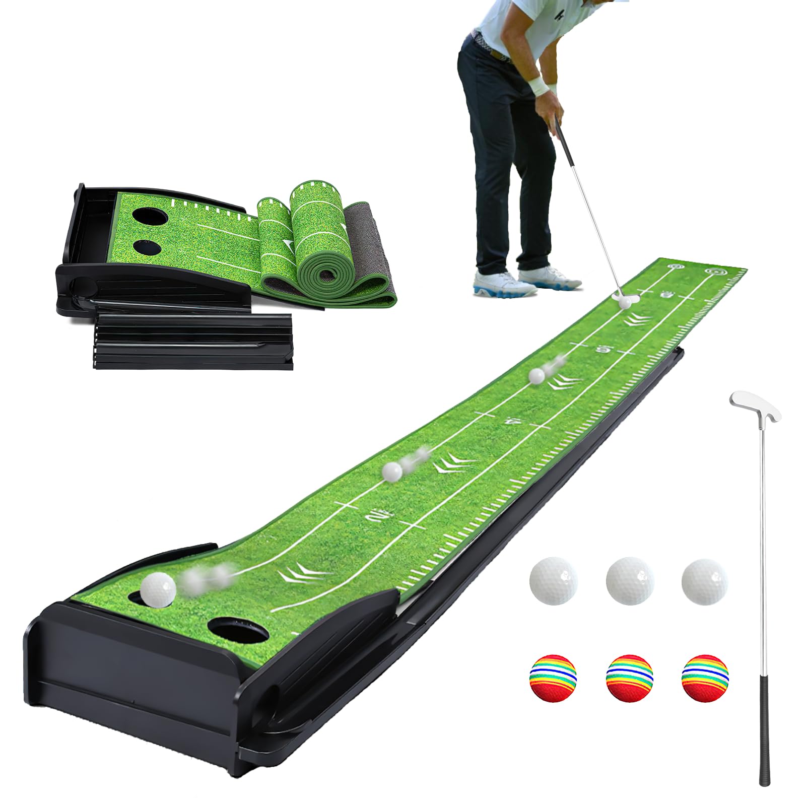 Losbenco Tappetino da golf verde con putter e 6 palline da golf, attrezzatura per allenamento con sistema di ritorno automatico della palla, per casa, ufficio, cortile, uso interno ed esterno